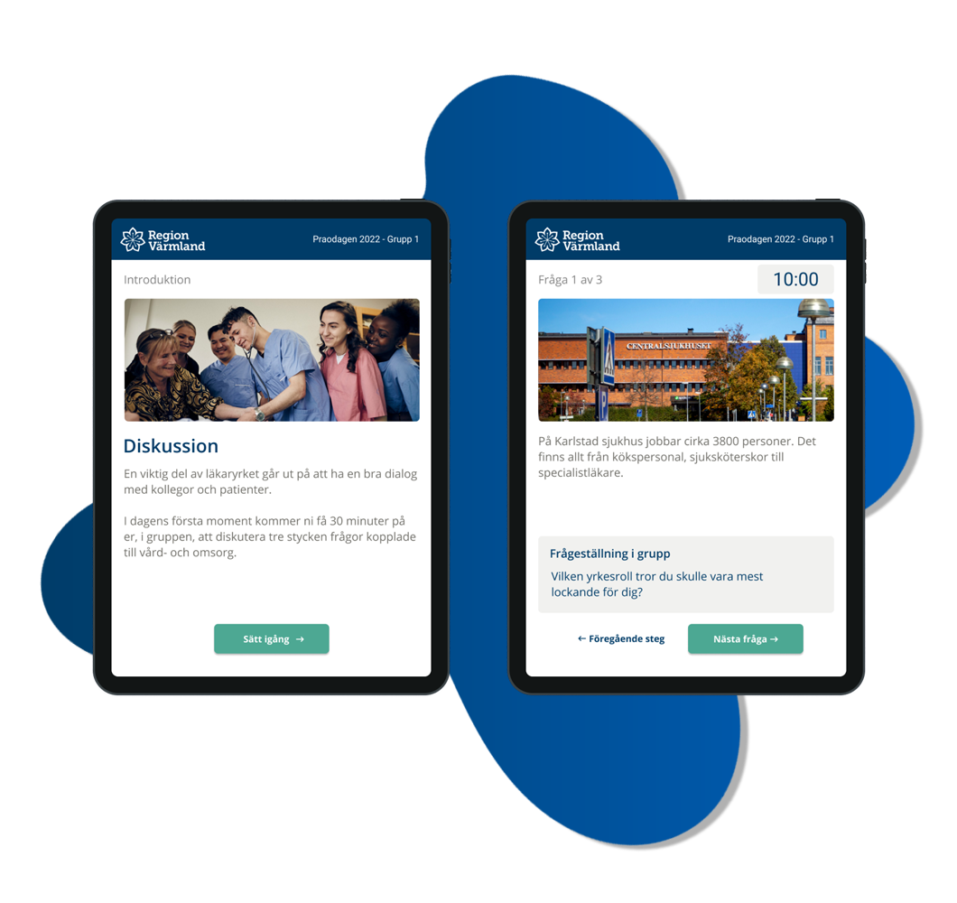 Two iPad mockups showing the first discussion activity. The mockups include screenshots from the activity introduction and one of the questions. The mockups lie on top of a blue liquid shape.