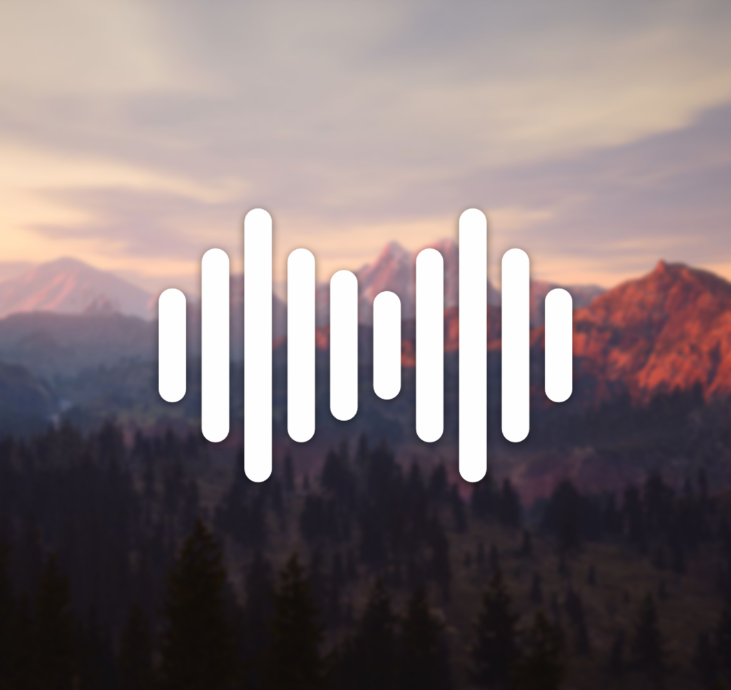 A white soundwave icon infront of a slightly out of focus picture of the sunset over Valley Vista in Mainframe's upcoming MMO.