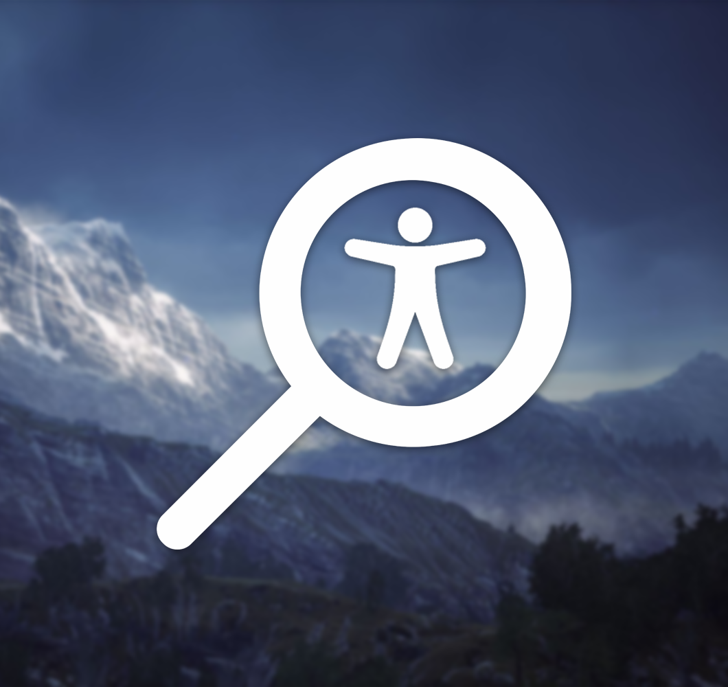 A white search icon with a human in it's view (also the international icon for accessibility) infront of a slightly out of focus picture of the Blue Lands at dawn in Mainframe's upcoming MMO.