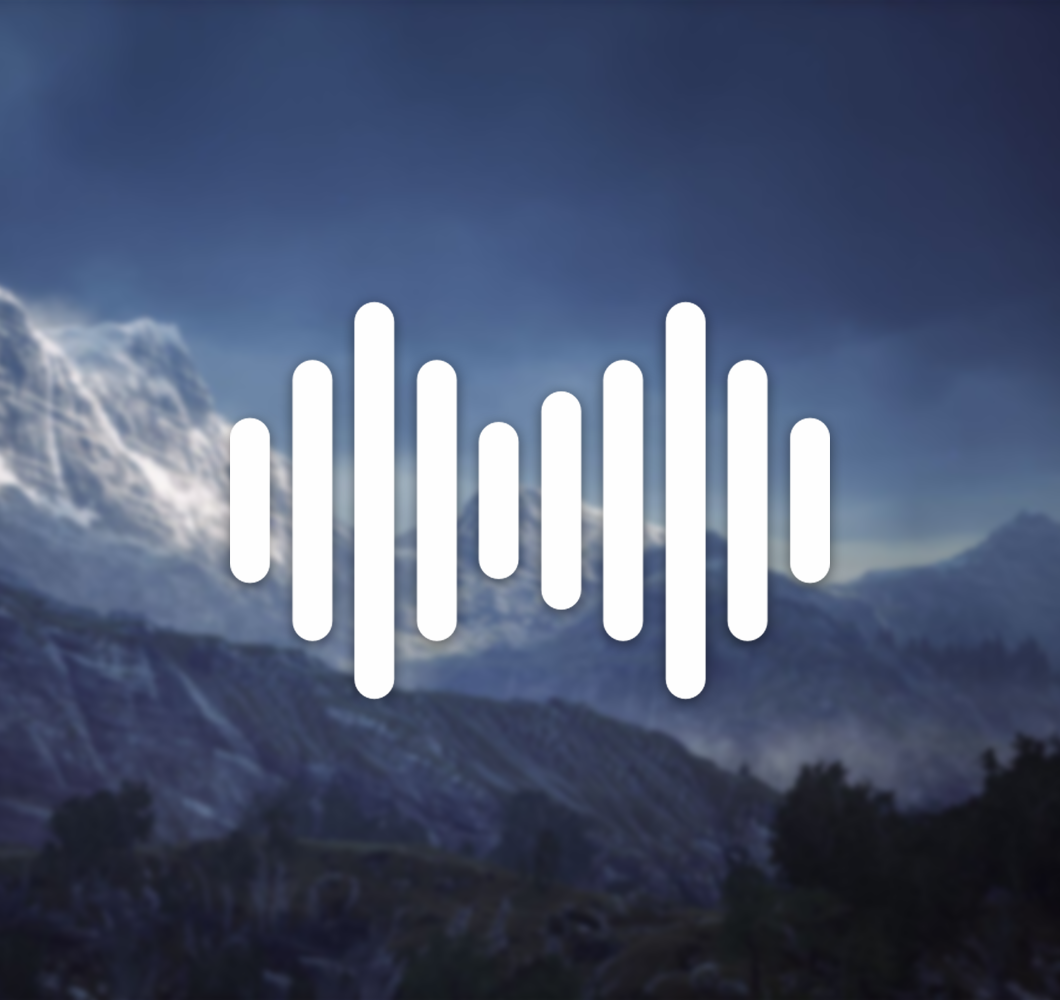 A white soundwave icon infront of a slightly out of focus picture of the Blue Lands at dawn in Mainframe's upcoming MMO.
