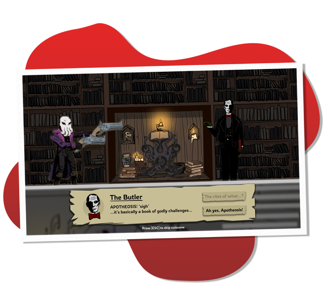 A screenshot from our "Cutscene" (Interactions) we're the protagonist is conversing with "The Butler". The screenshot has a white frame, and lies on top of a red liquid shape, slightly resembling a pool of blood.