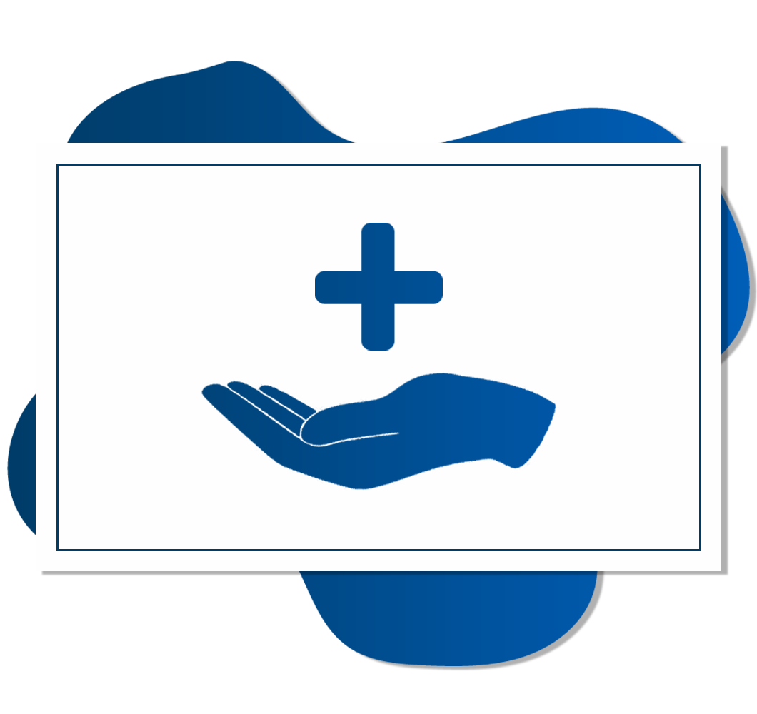 A blue hand reaching out with a blue cross floating above its palm - the art is meant to purvey the feeling of giving aid in a safe way. The art sits on top a white card with a blue inner frame, the card lies on top of a blue liquid shape.