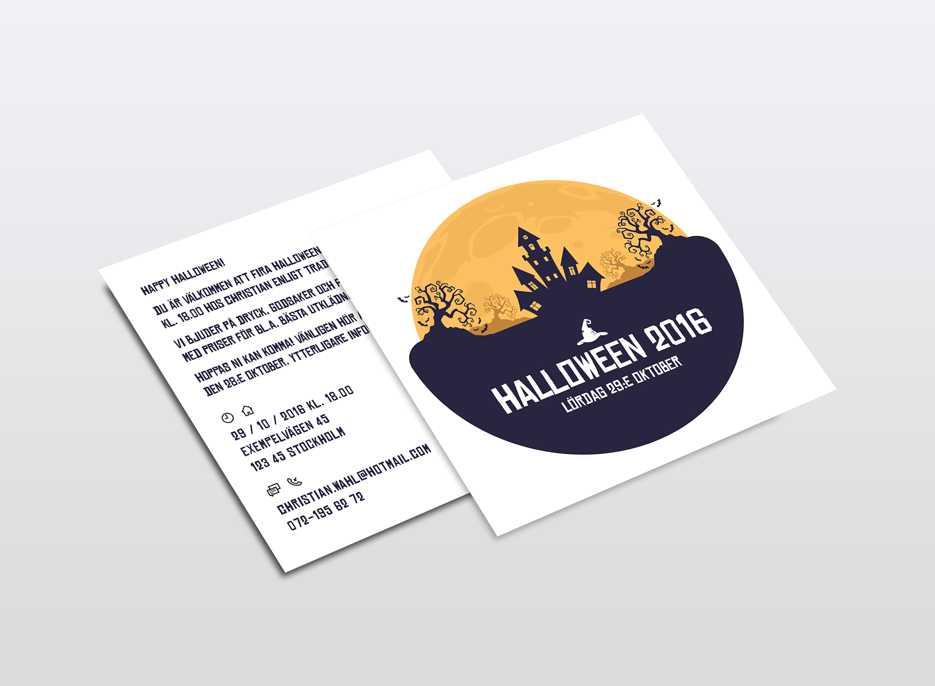 A mock-up picture of my invitation card "Haunted House" used Halloween 2016 in a square card format.