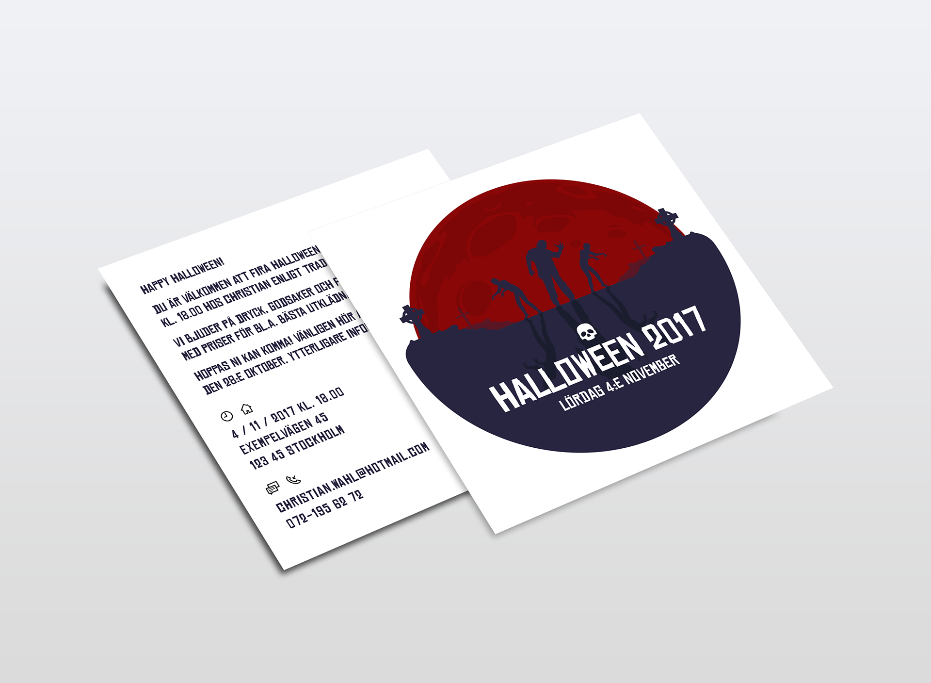 A mock-up picture of my invitation card "Zombie Apocalypse" used Halloween 2017 in a square card format.