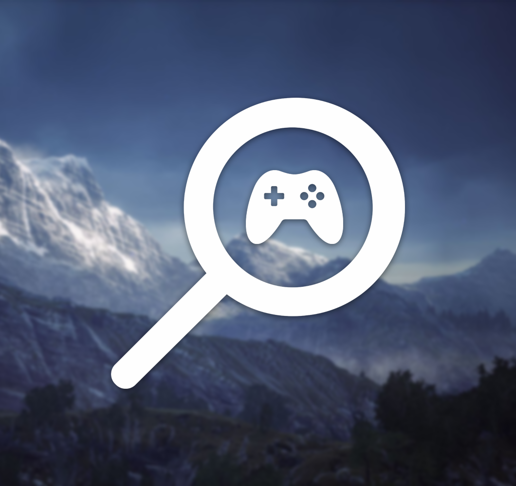 A white search icon with a gamepad in it's view infront of a slightly out of focus picture of the Blue Lands at dawn in Mainframe's upcoming MMO.