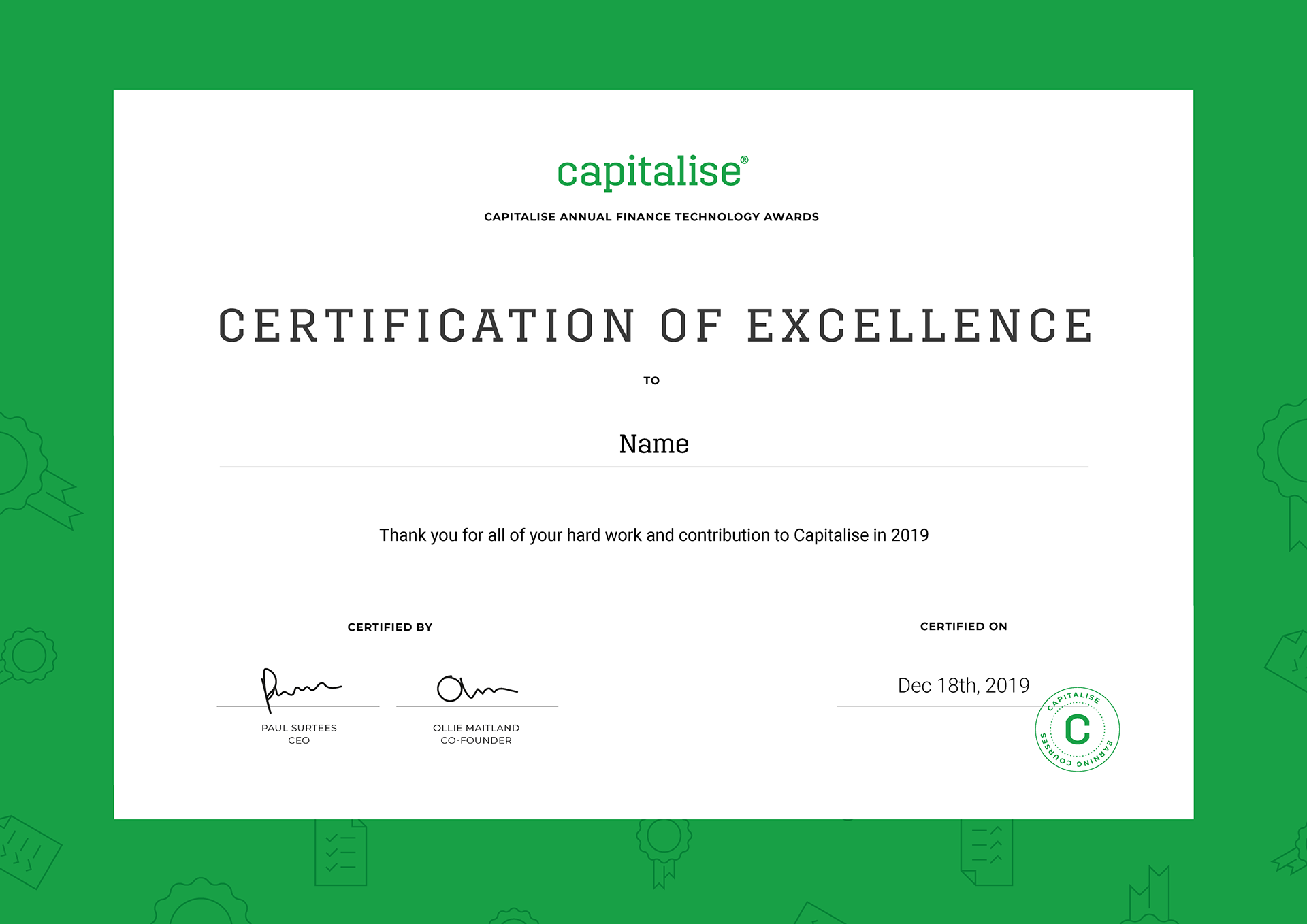 Capitalise - Certificate design