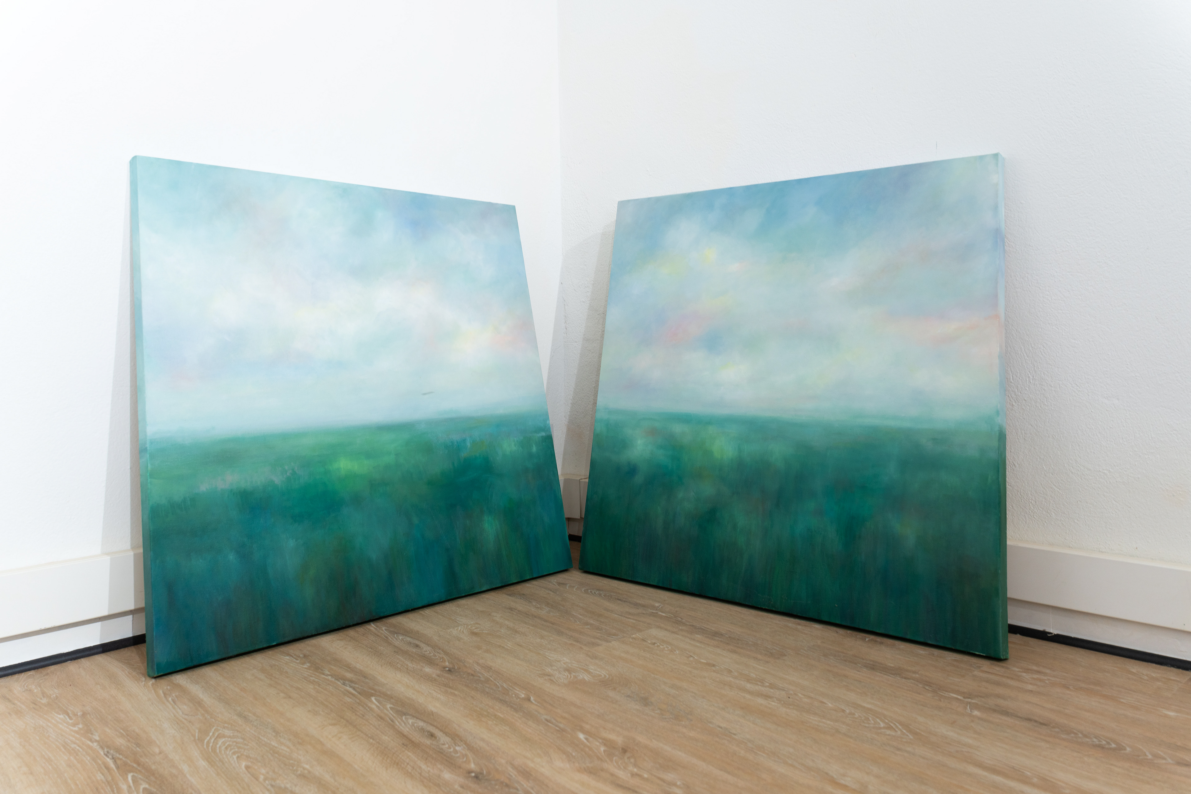 Paisaje desenmarcado (2021) Canvas, details of the paintings. 1m x 1m each canvas