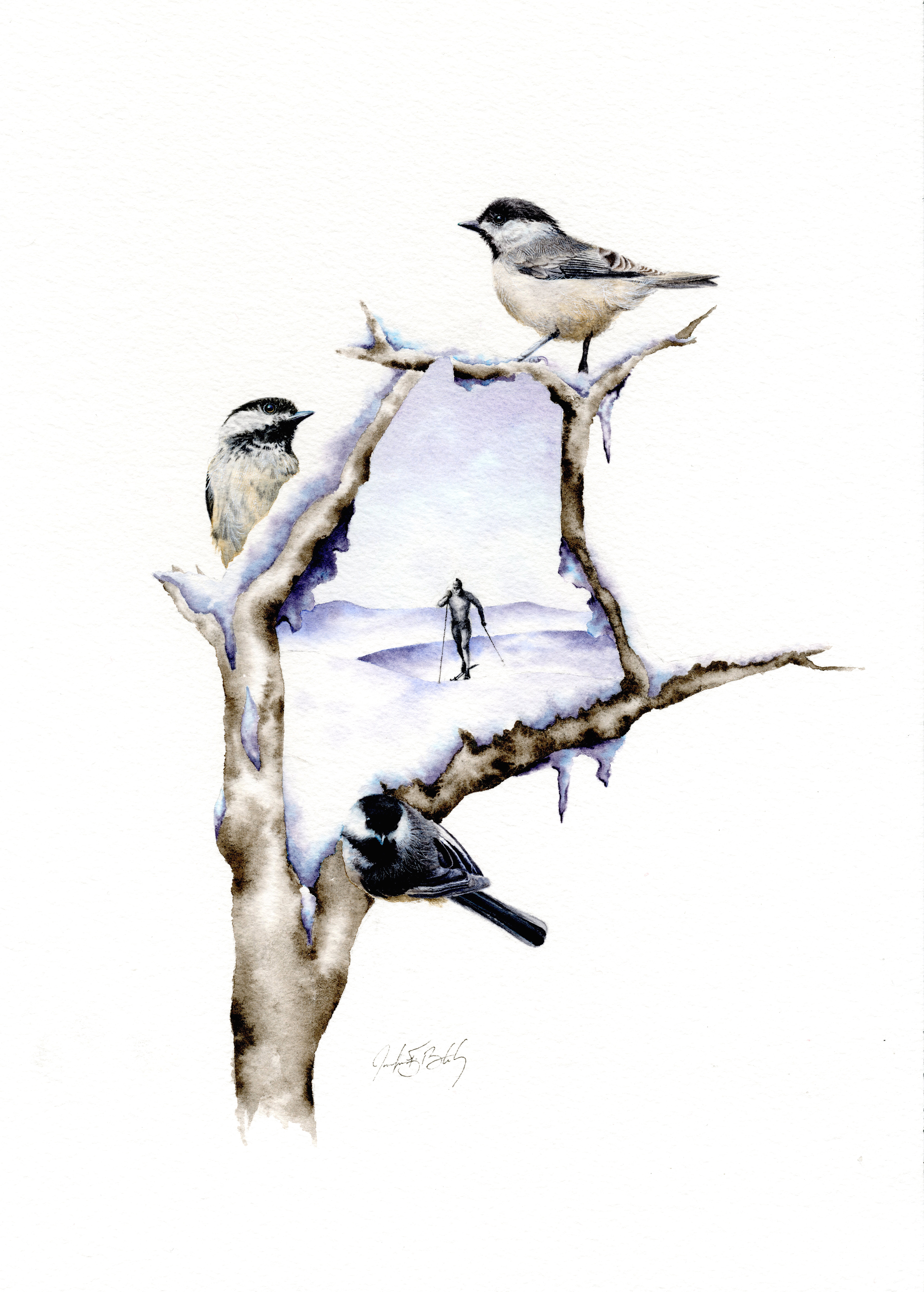 Black-capped Chickadees and Maine - Watercolor, 2020