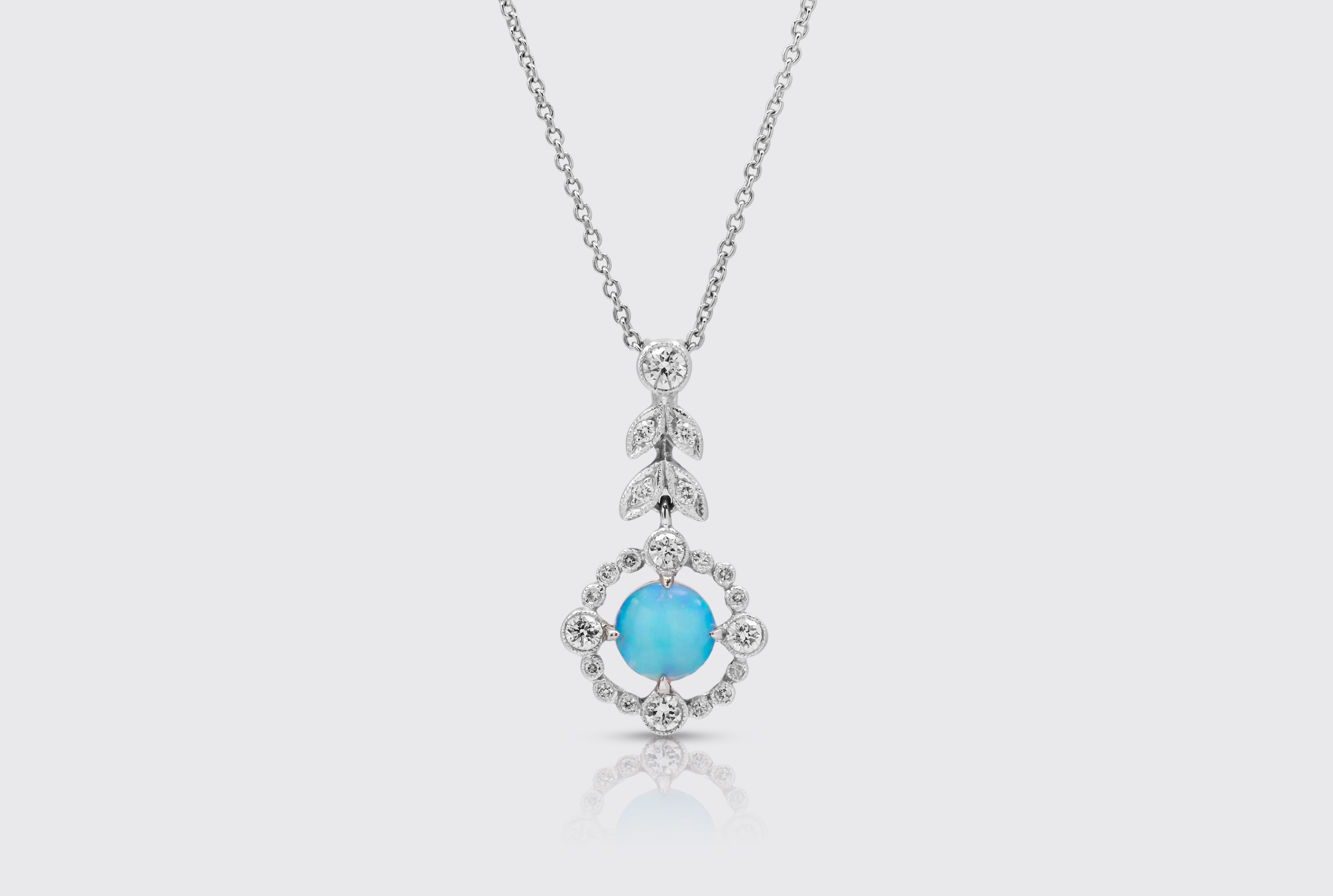 18ct White Gold Opal Diamond Pendant Necklace