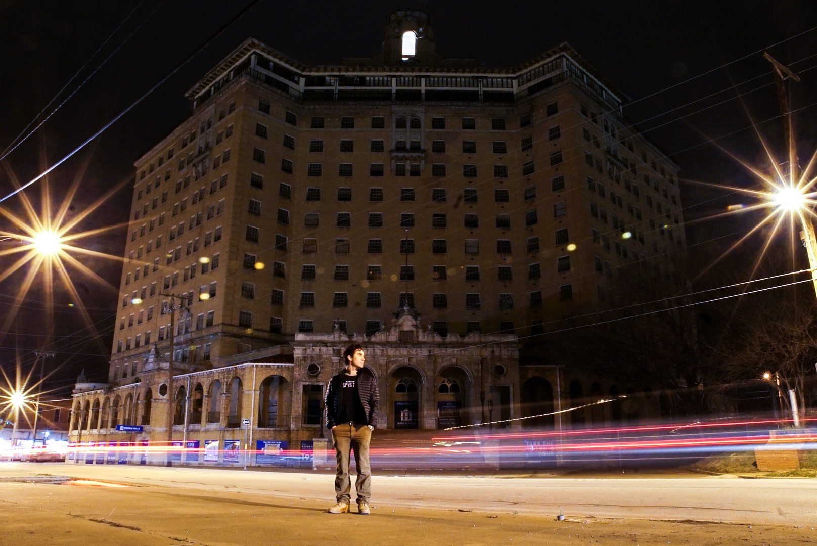 Sam Casey in front of The Baker Hotel for a promotional photo for Scream Queen
