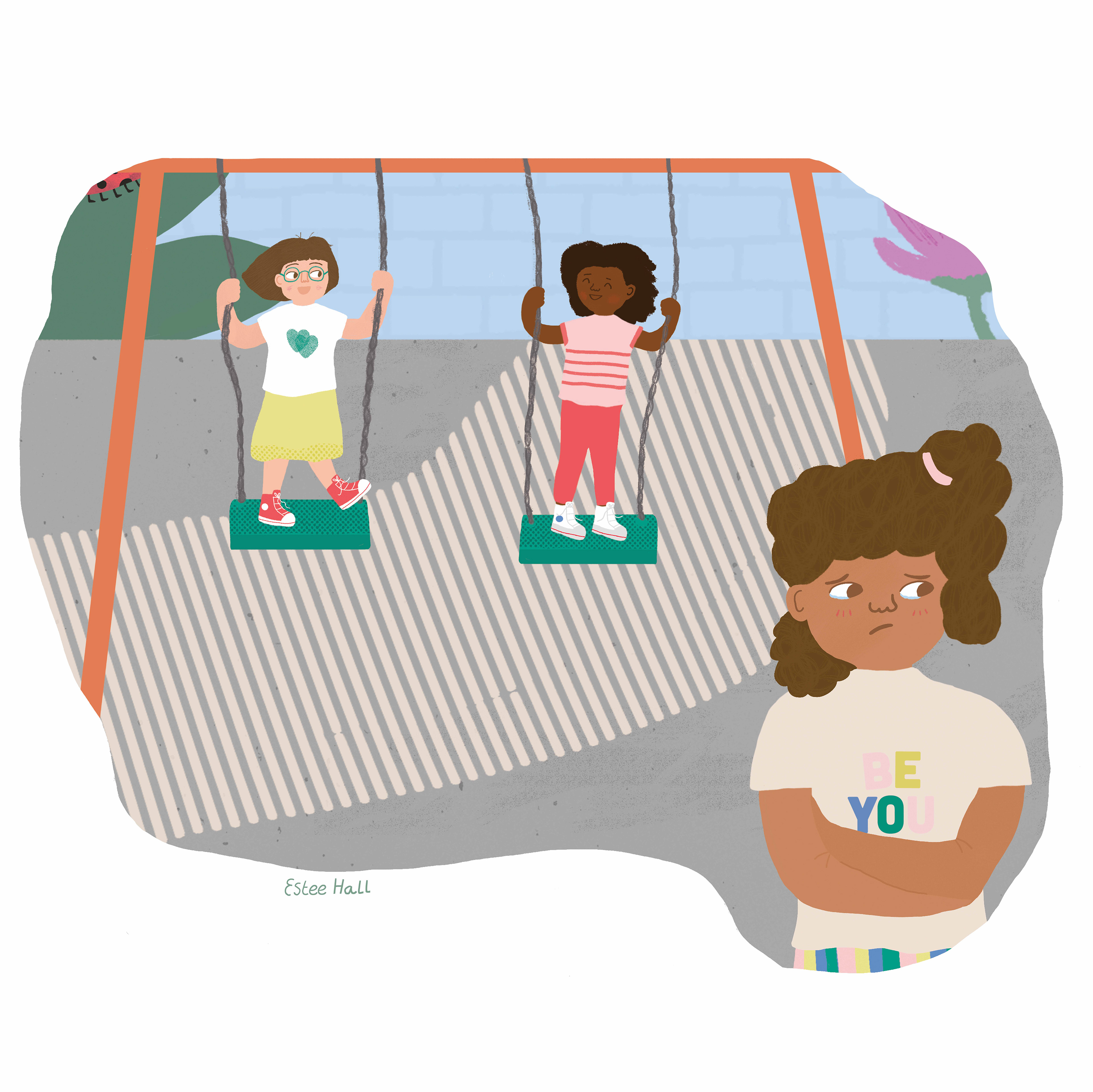 Two diverse girls on the swings, while a close up of a girl sad as there are not enough swings.