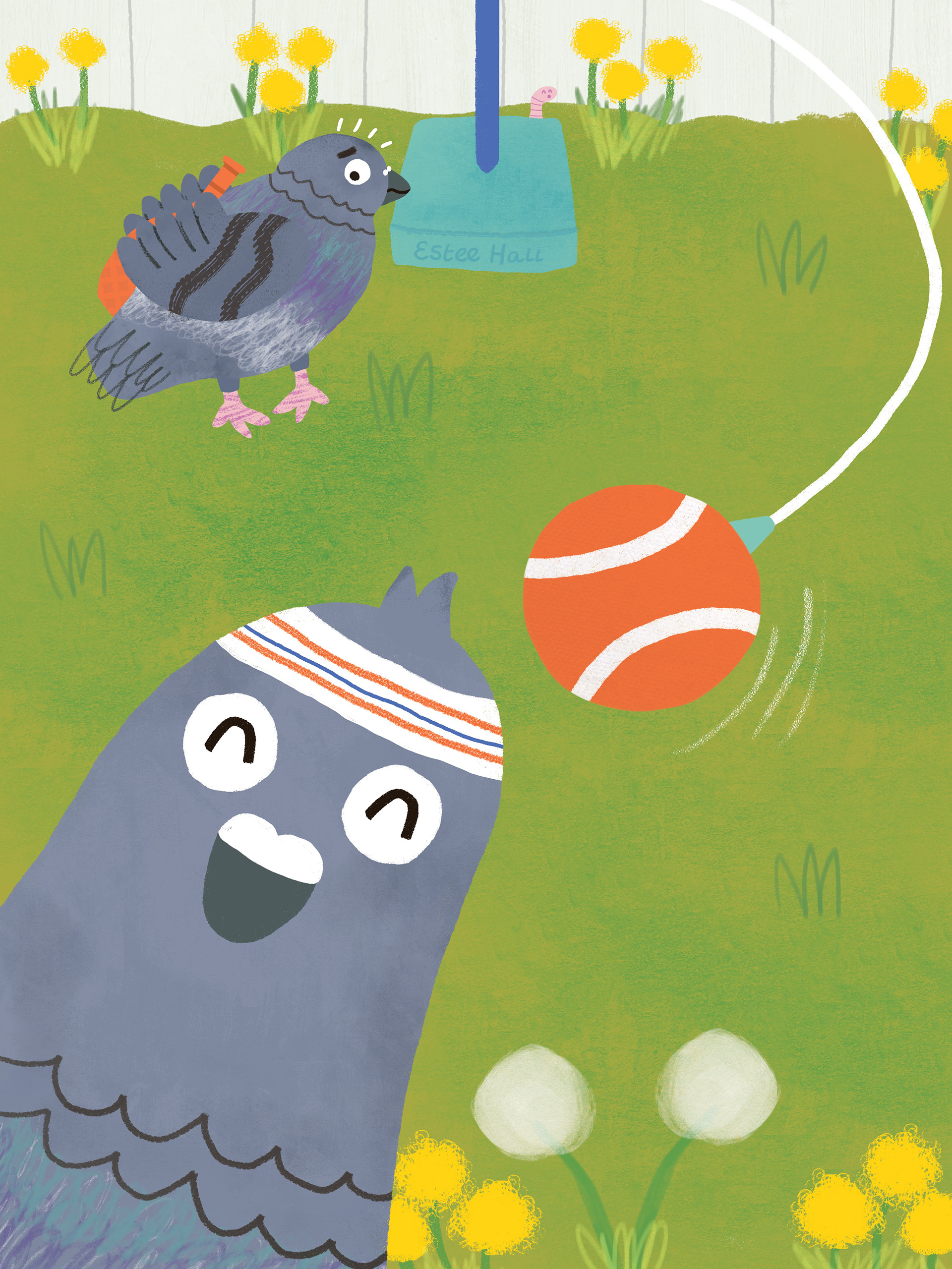 two pigeons playing swingball in a colourful garden
