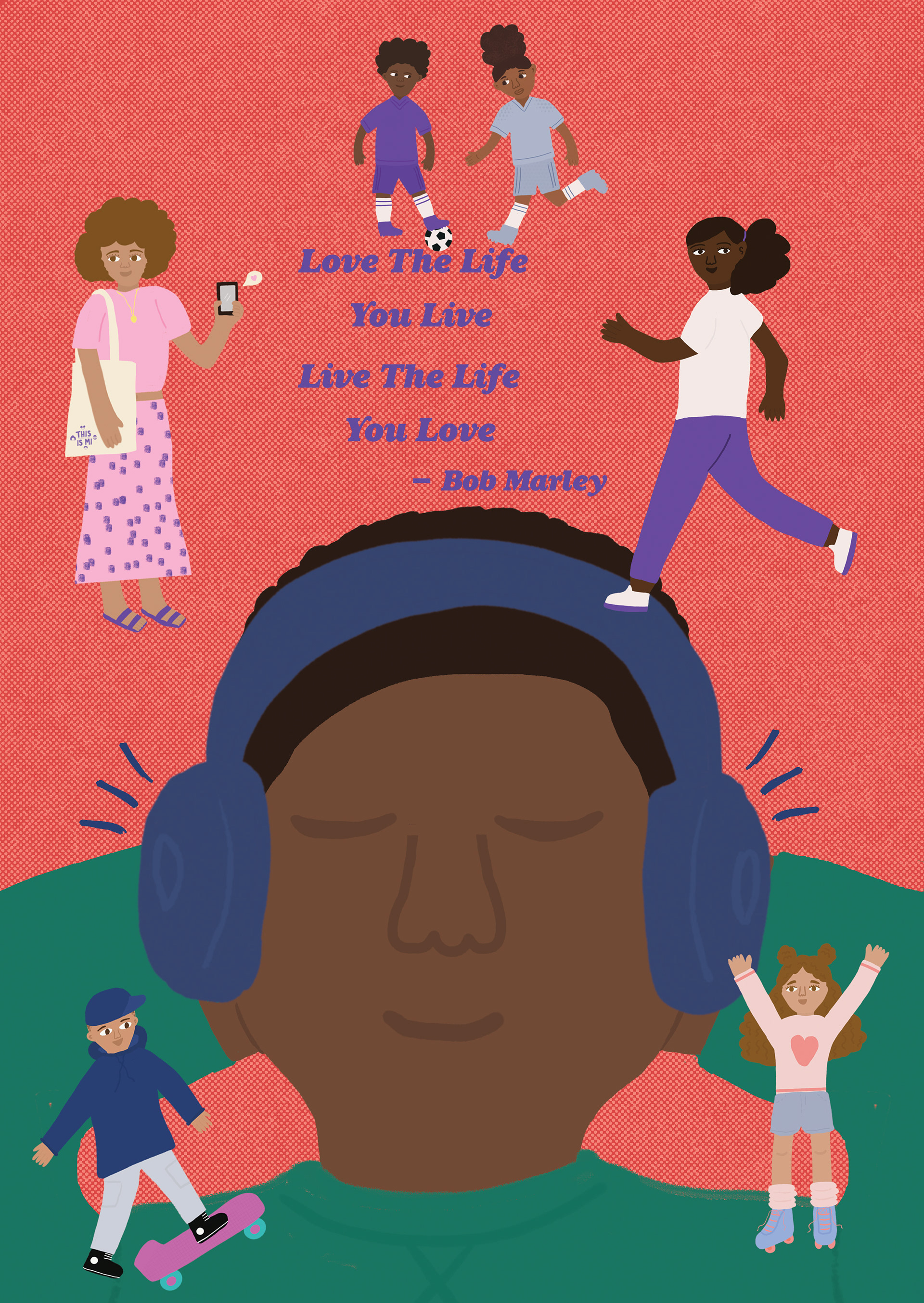 A flyer featuring a close of blackman with headphones, surrounded by smaller diverse characters playing skateboarding, rollerskating and playing football.