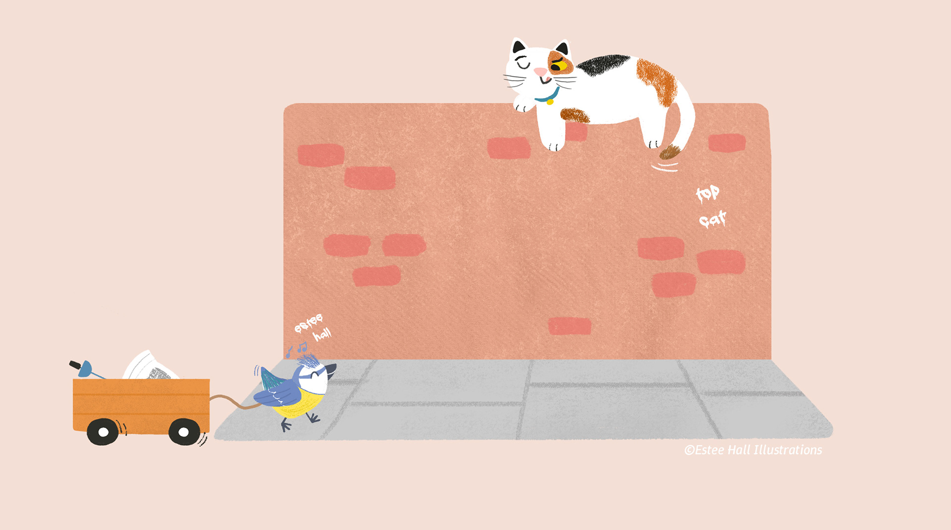 A lazy tabby cat sits on a wall, watching a cute blue tit bird strolling along with a cart