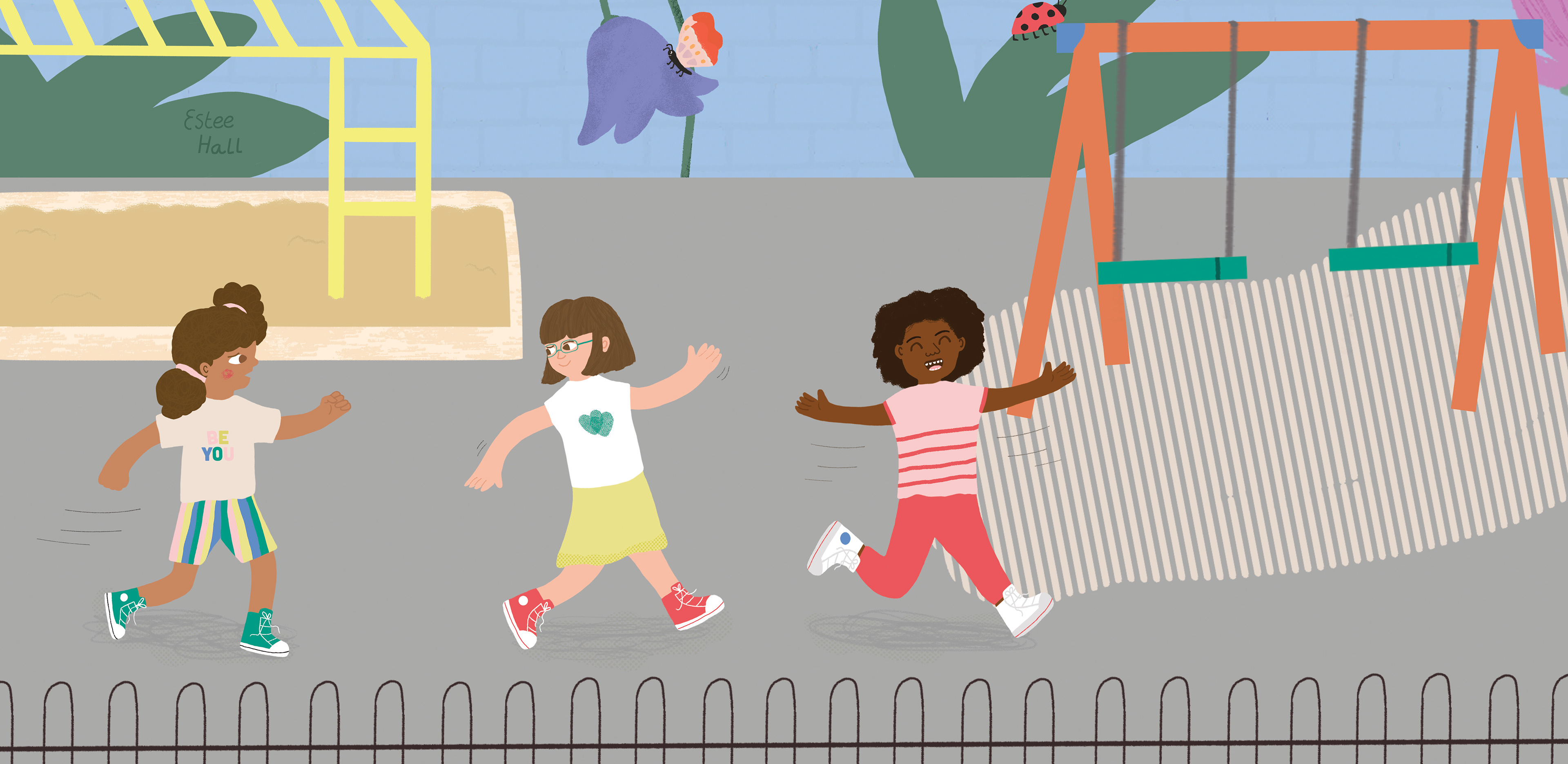 Three diverse range of girls happily running to the swings in the playground