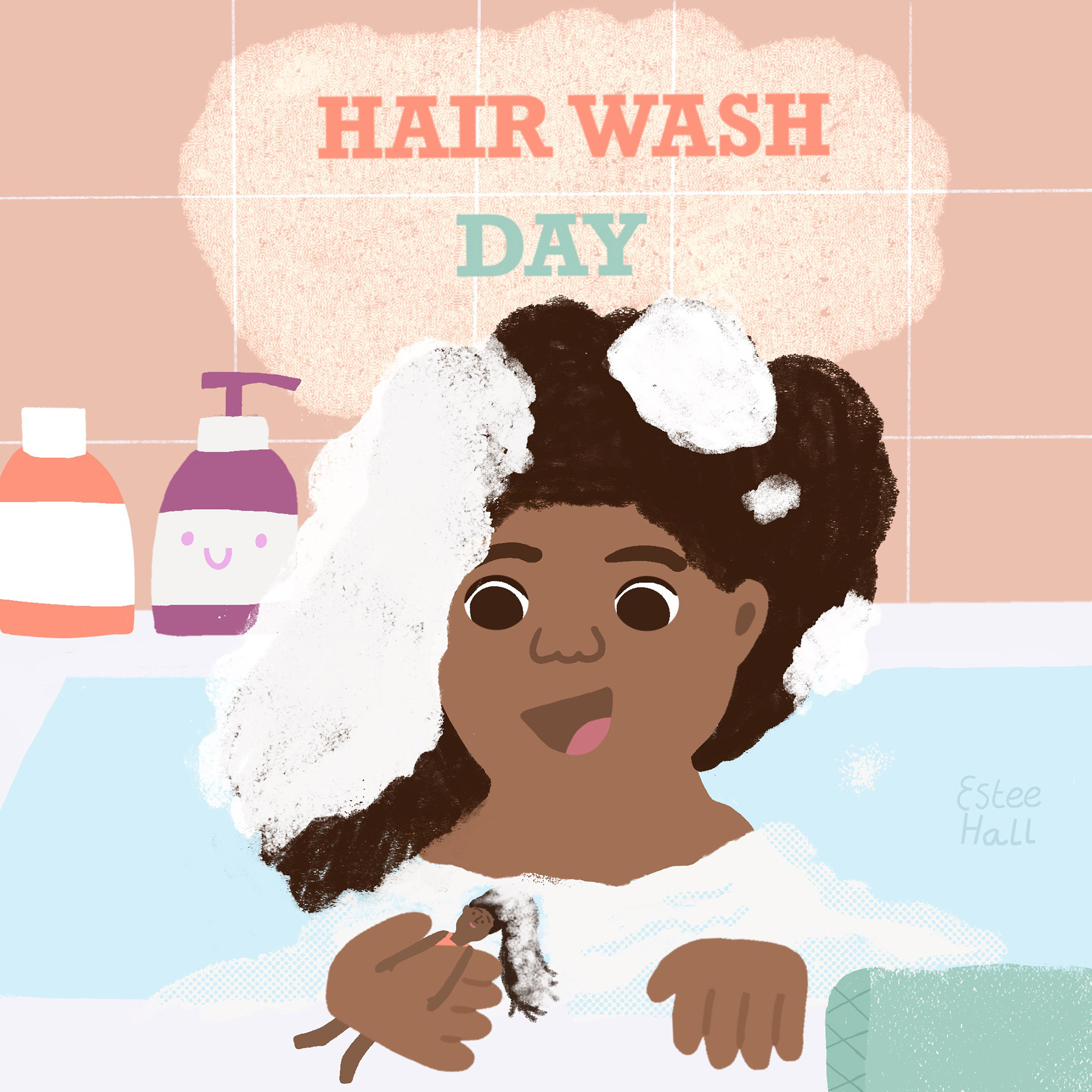 A board book cover featuring a young girl in the bath playing with her doll and bubbles.