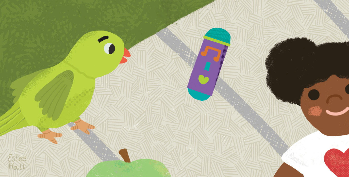 A young chubby parakeet walks up to a childs playmate to inspect the toys lying there.