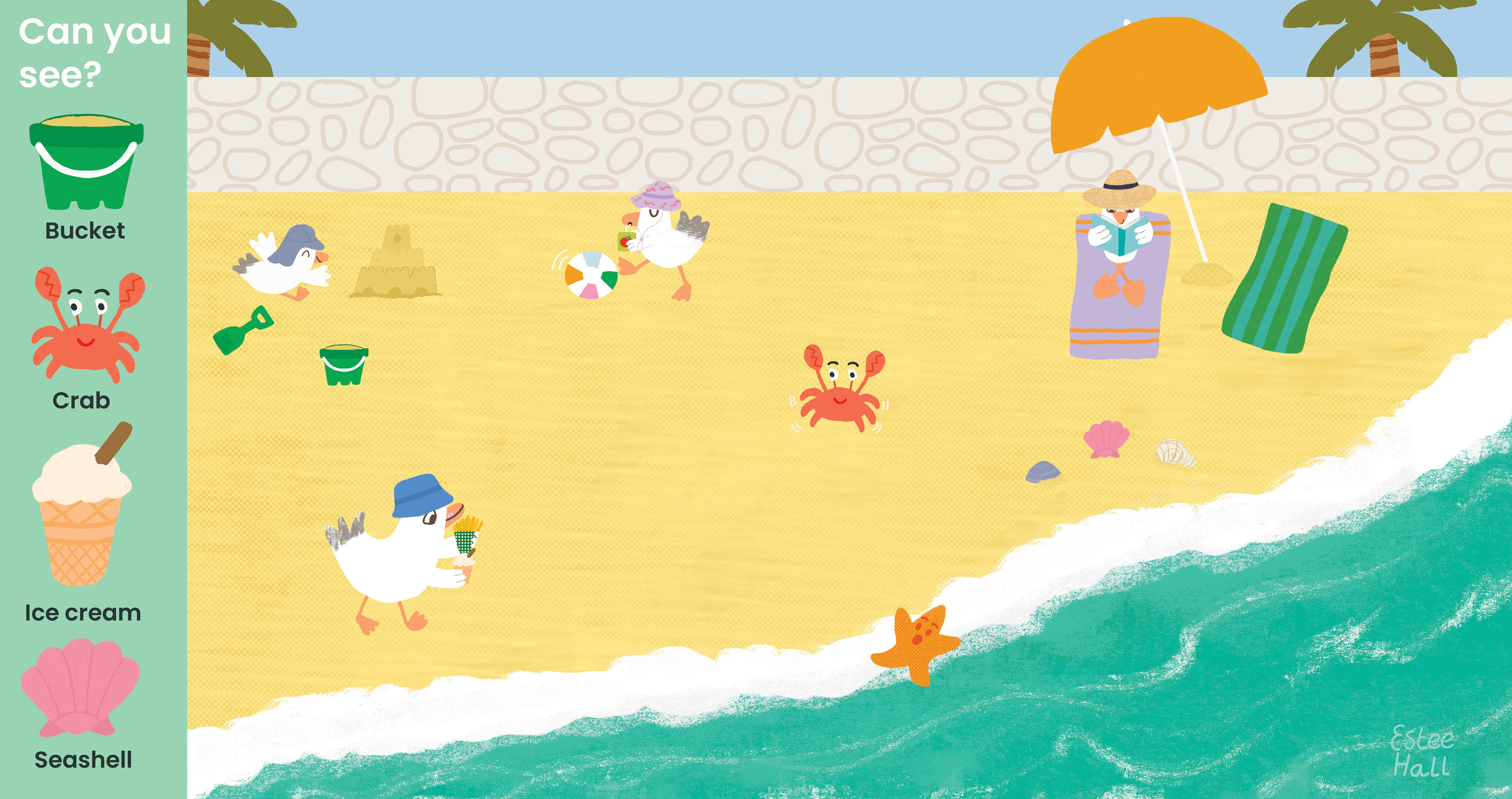 A holiday scene with a seagull family on the beach building sandcastles. A crab is walking along by the seashells..