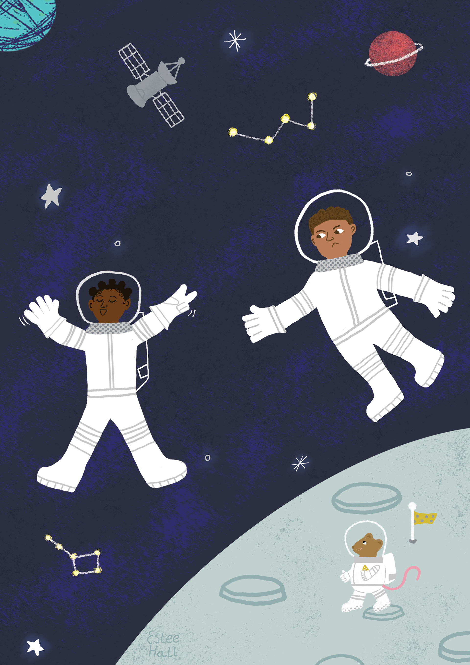 Two diverse astronauts floating in space. Girl astronaut is happy and boy astronaut is annoyed. A mouse astronaut looks on from below smiling.