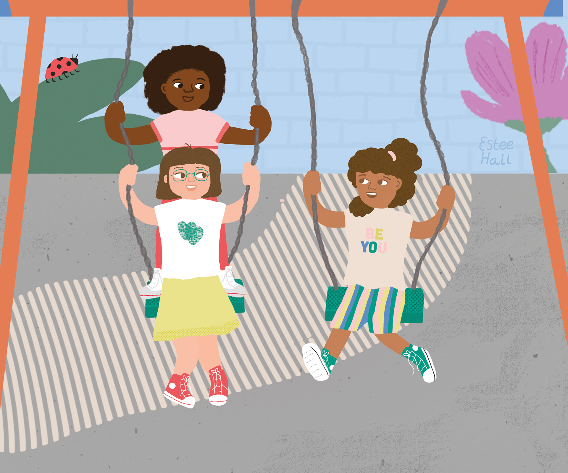 A diverse group of friends sharing and playing on the swings in the playground