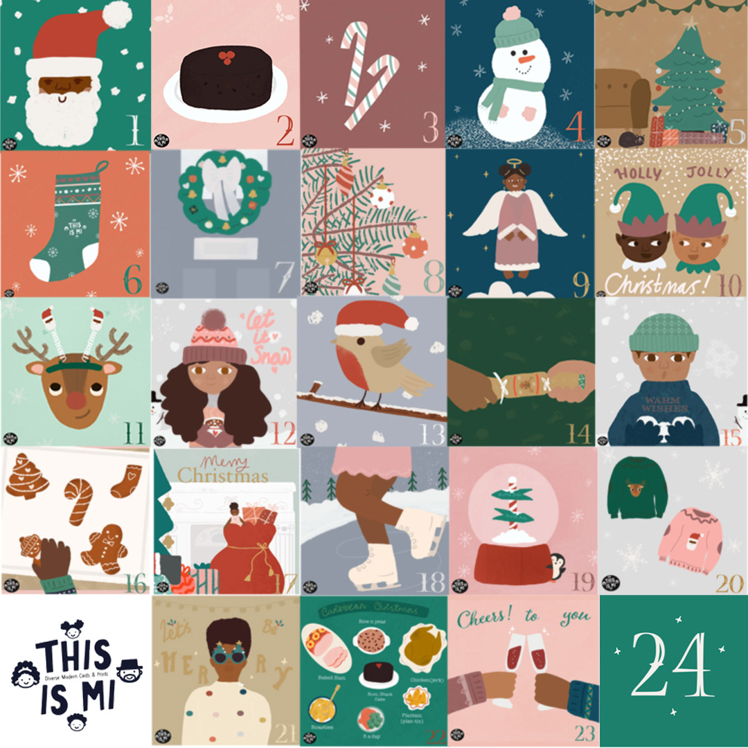 A square xmas advent calendar featuring a Black Santa, Rudolph Reindeer, Snowman, and Black xmas angel. 