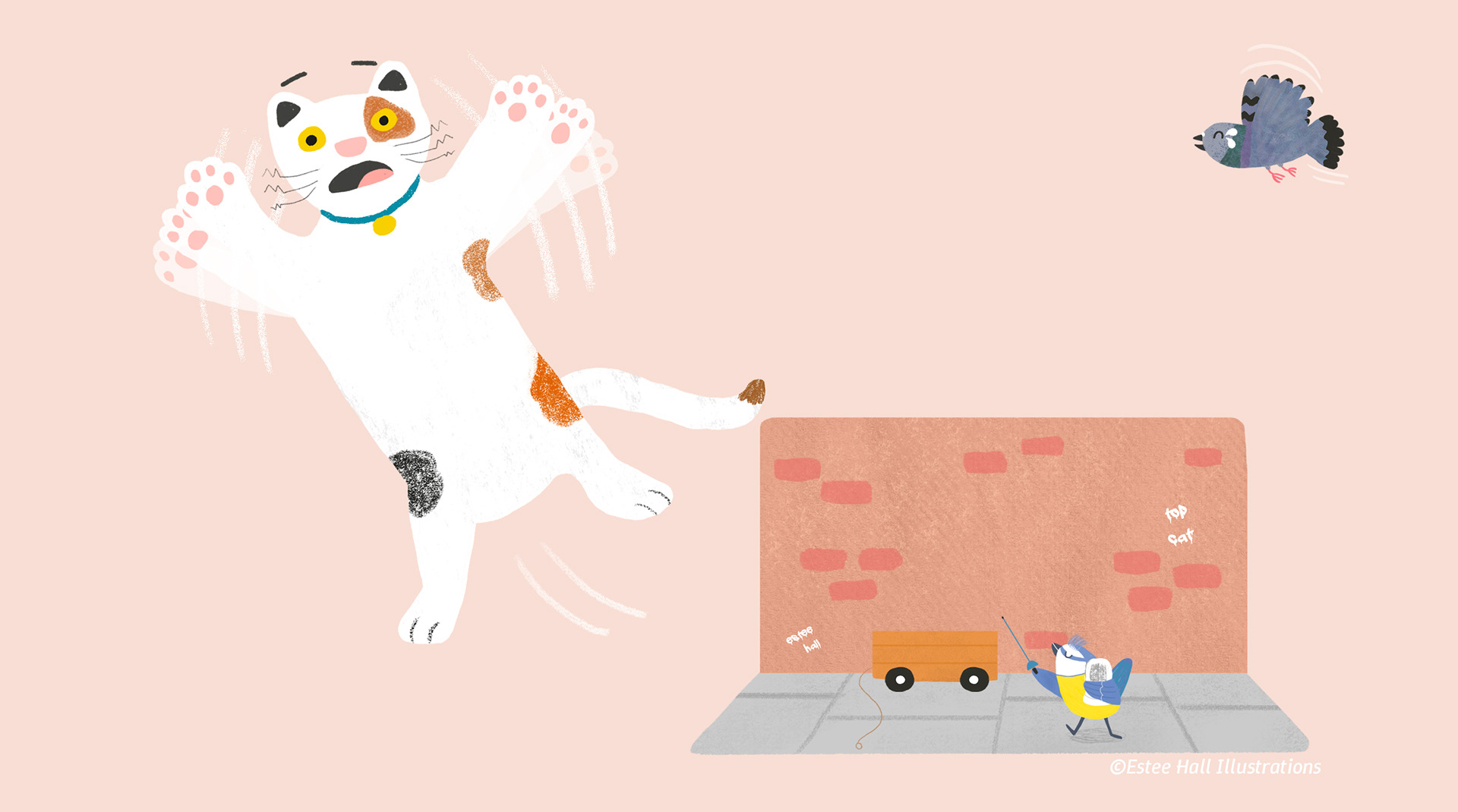 A  greedy tabby cat jumps in the air, after a cute Blue Tit bird defends himself with a sword. A laughing pigeon flys by