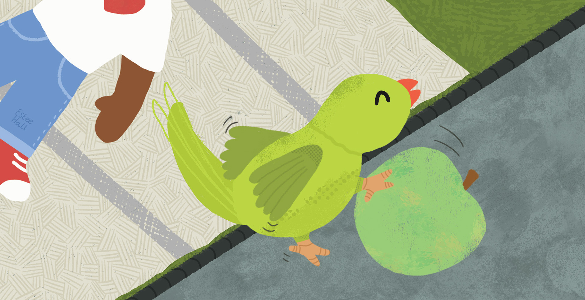 A young chubby parakeet happily rolling a green apple with his feet!