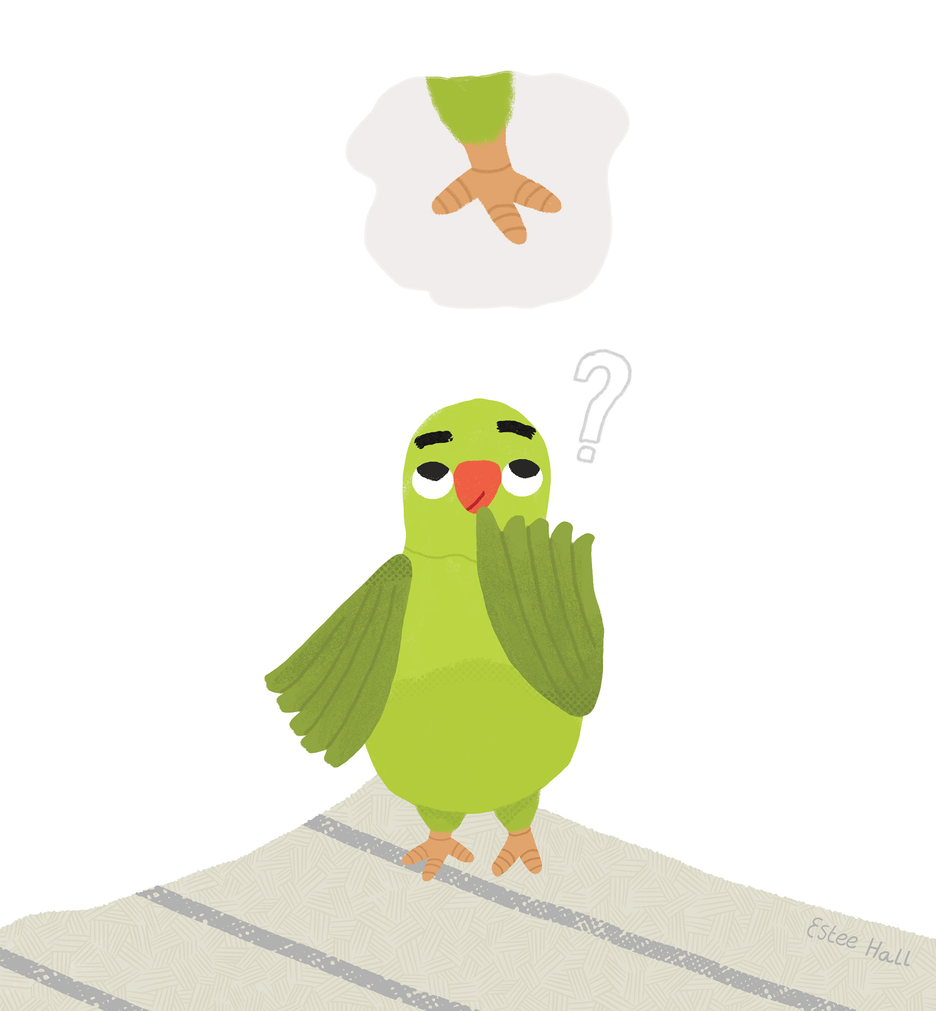 A young parakeet is standing alone thinking.