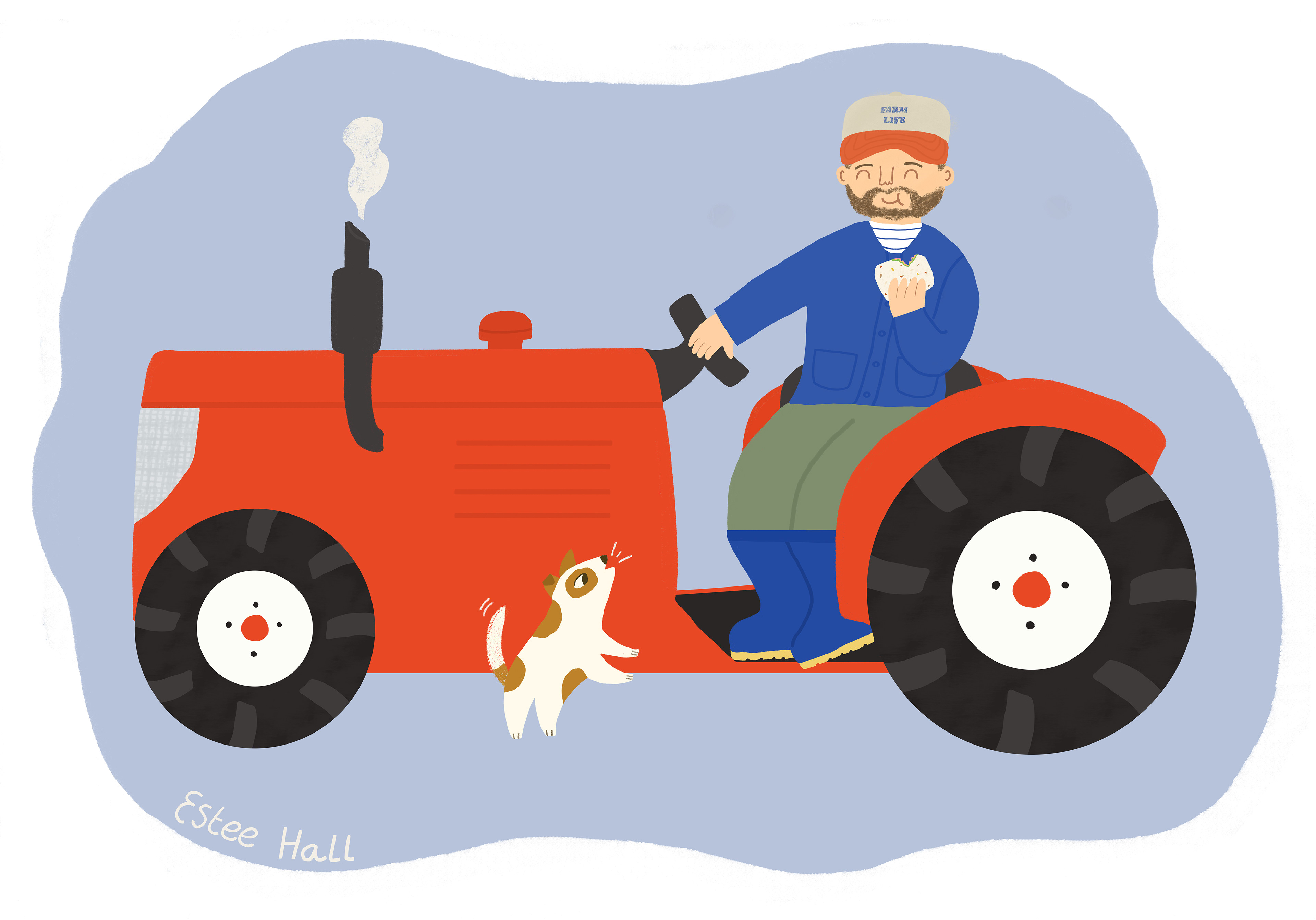 A farmer in sitting in his tractor eating a sandwich, while his Jack Russell dog barks at him playfully!