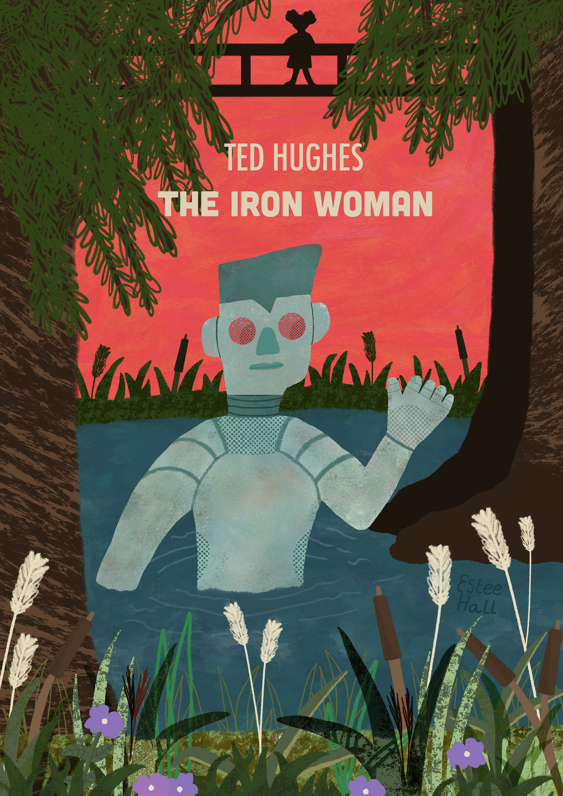 A book cover featuring a young black girl silhouette on a bridge in the bacground. Foreground features the giant Iron Woman walking though the river.