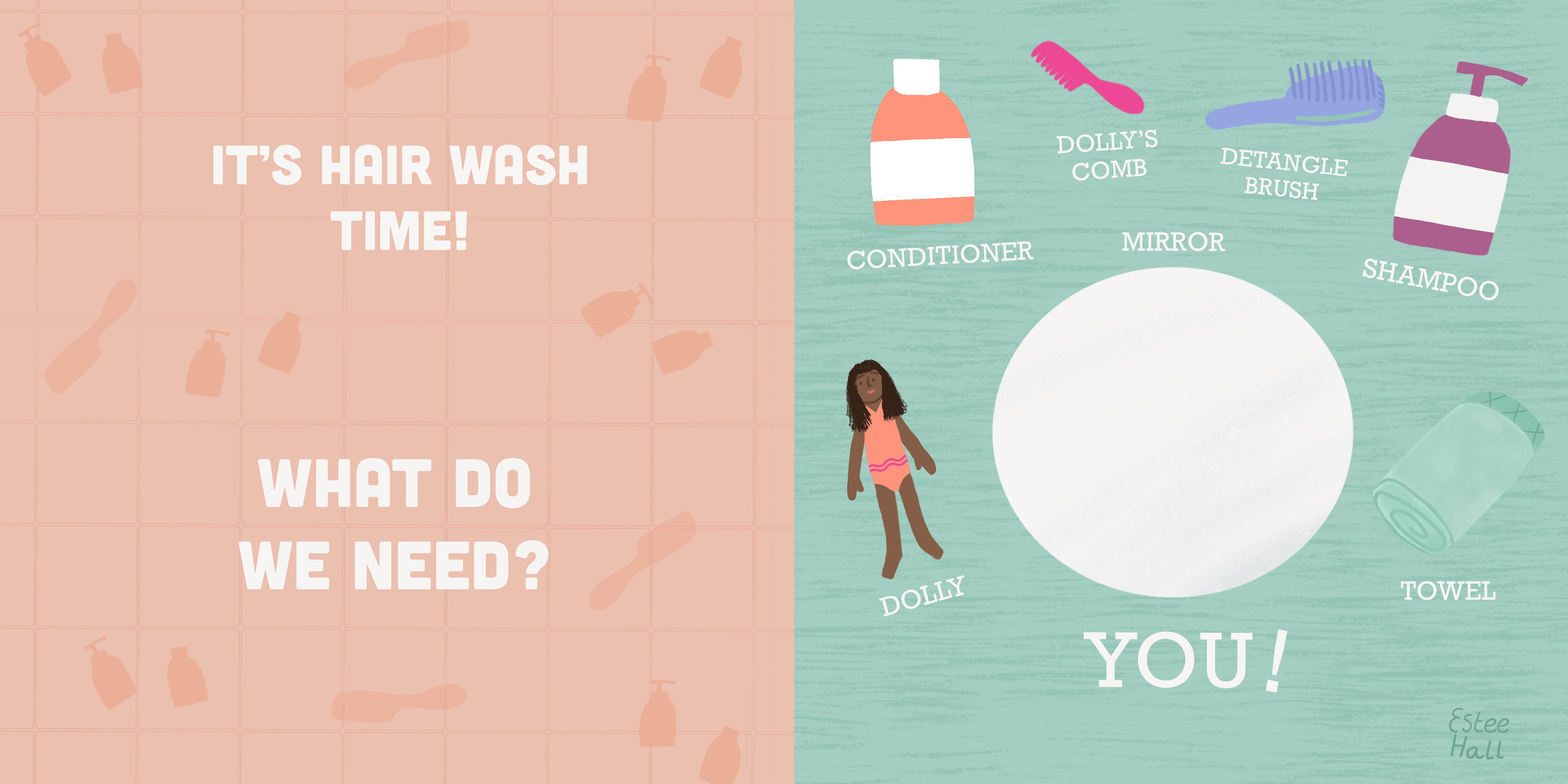A board book page featuring a dolly, comb, shampoo and bath towel.