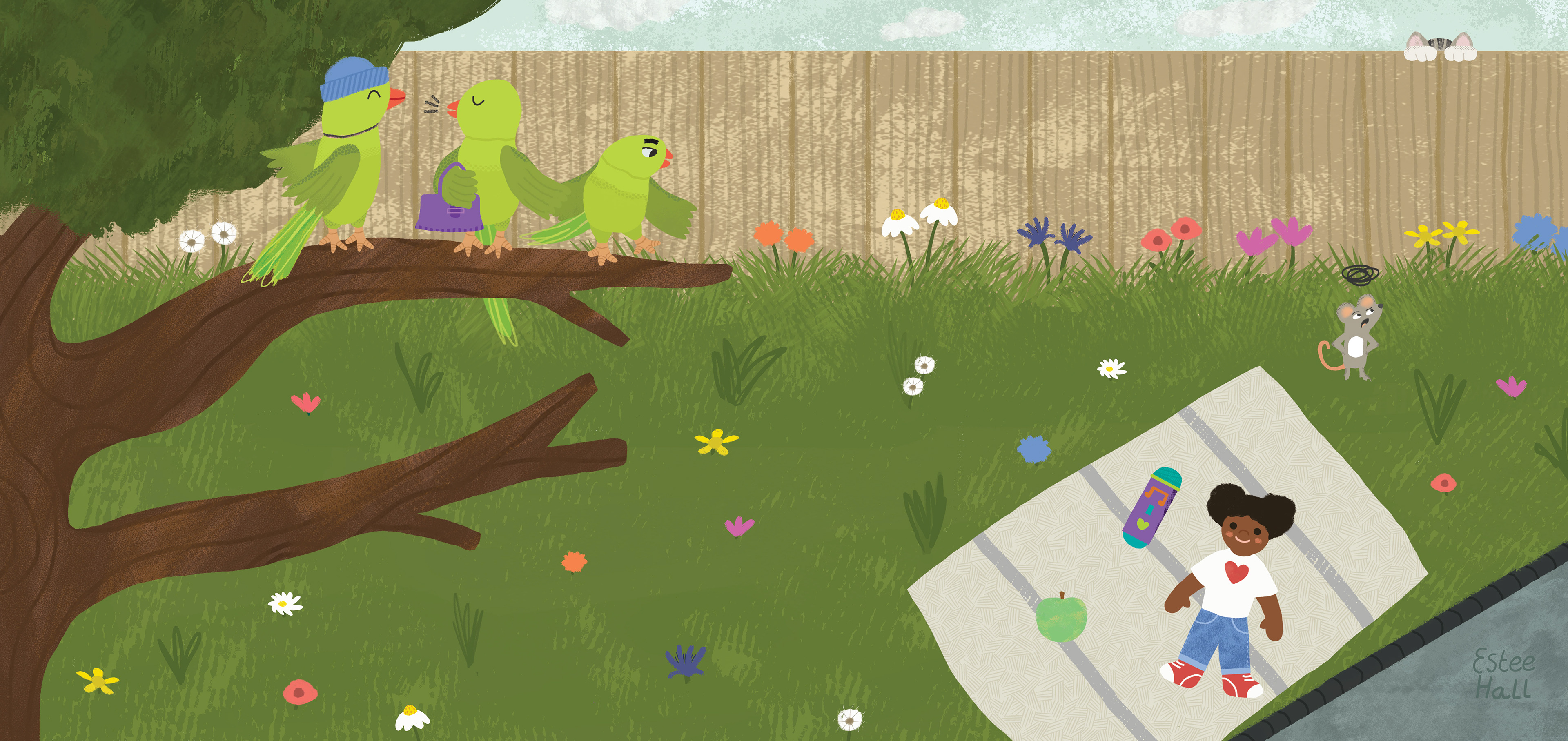 Three Parakeets sit on a tree branch, down below is a child play mat with toys on it. A mouse in the background watching a cat on a fence.