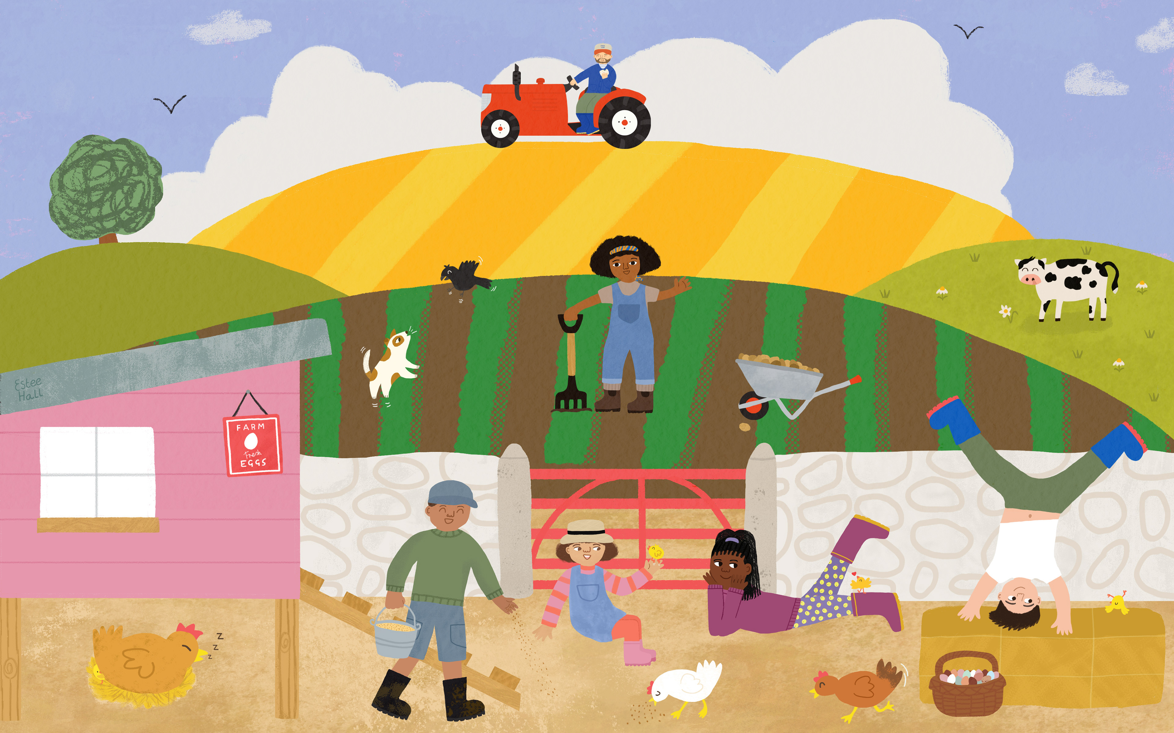 A farm scene showing a diverse range of children  feeding the animals and having fun on the farm. A Black woman farmer is in the distance, waving hello!