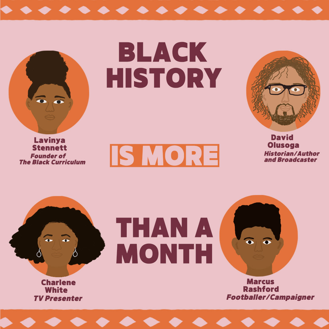 A U.K Black History Month montage of black heroes, David Olusoga, Lavinya Stennett, Marcus Rashford, Charlene White.