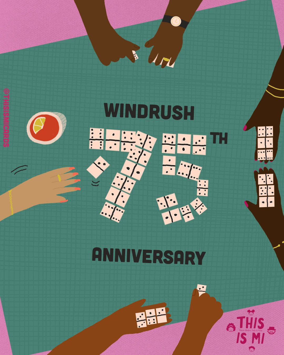 A poster celebrating the Windrush Generation, features four people playing a dominoe game