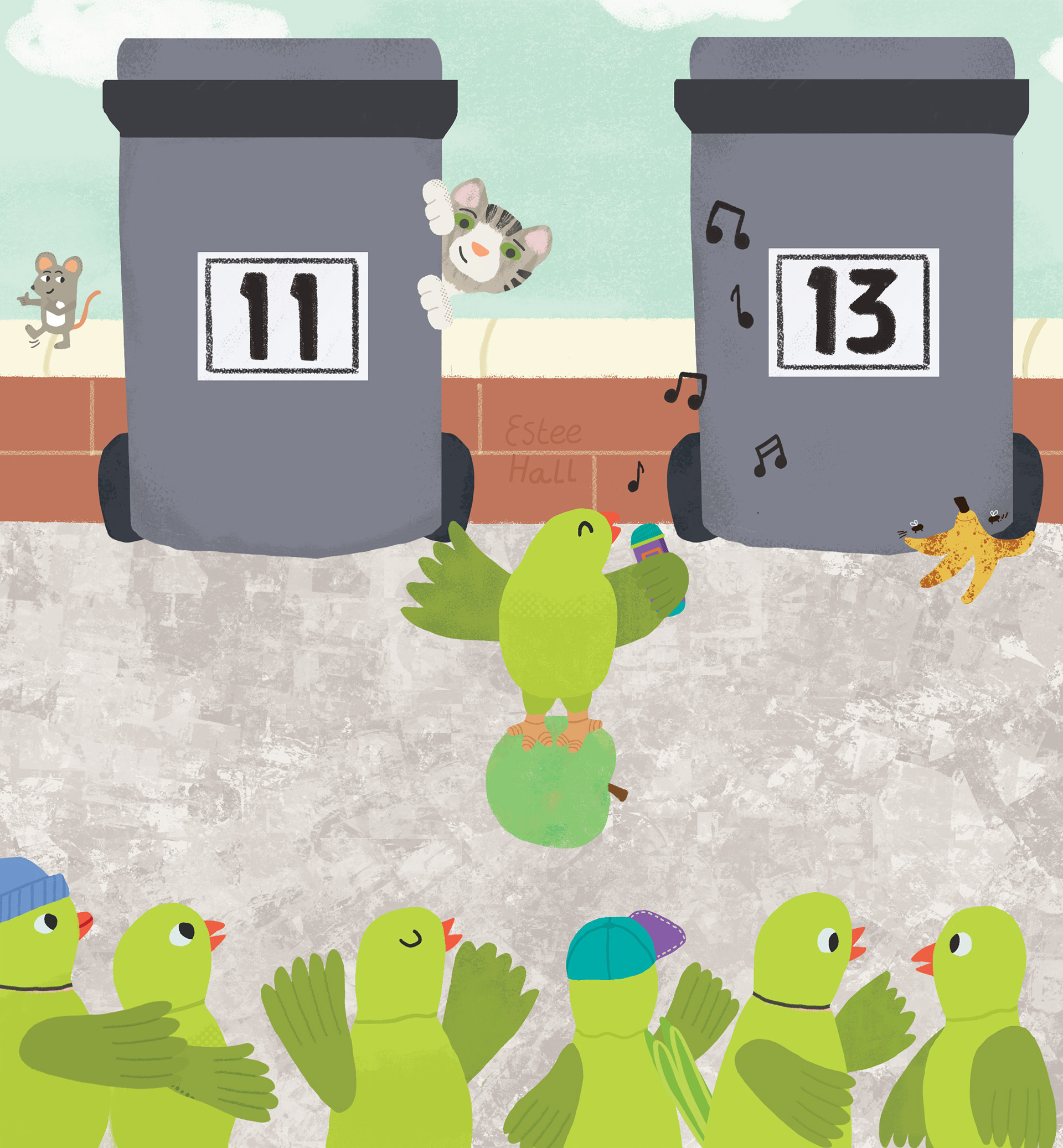A family of parakeets enjoy being entertained by a young parakeet holding a microphone & singing. A sneaky cat behind the street bins watches on.