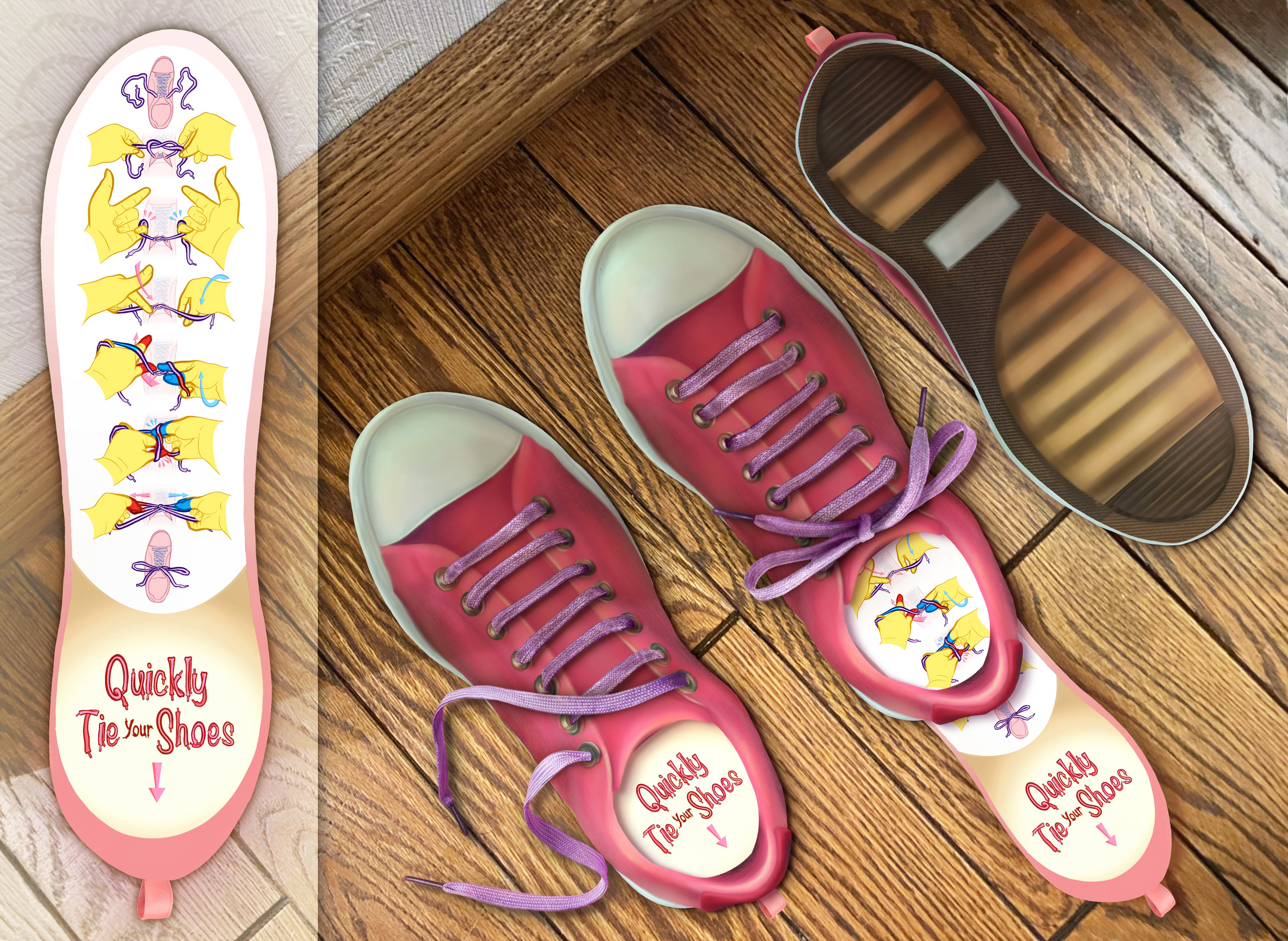 QUICKLY TIE YOUR SHOES: An interactive infographic package with laces and instructions on how to tie your shoes quickly.