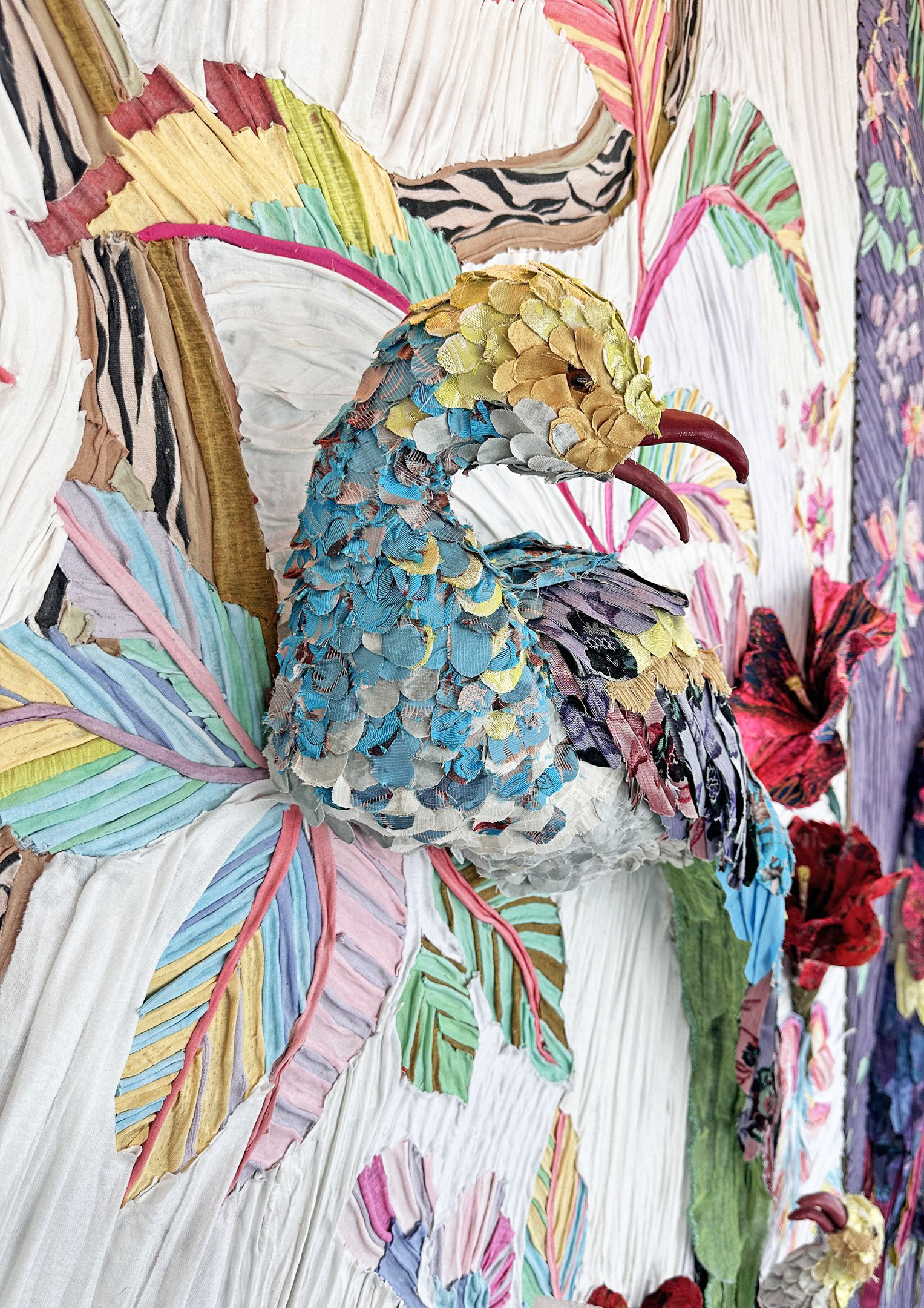 "The Conference of the Birds" 2025 (Detail of Center Panel) | Discarded textiles on wood | 180 x 92 x 10 in.