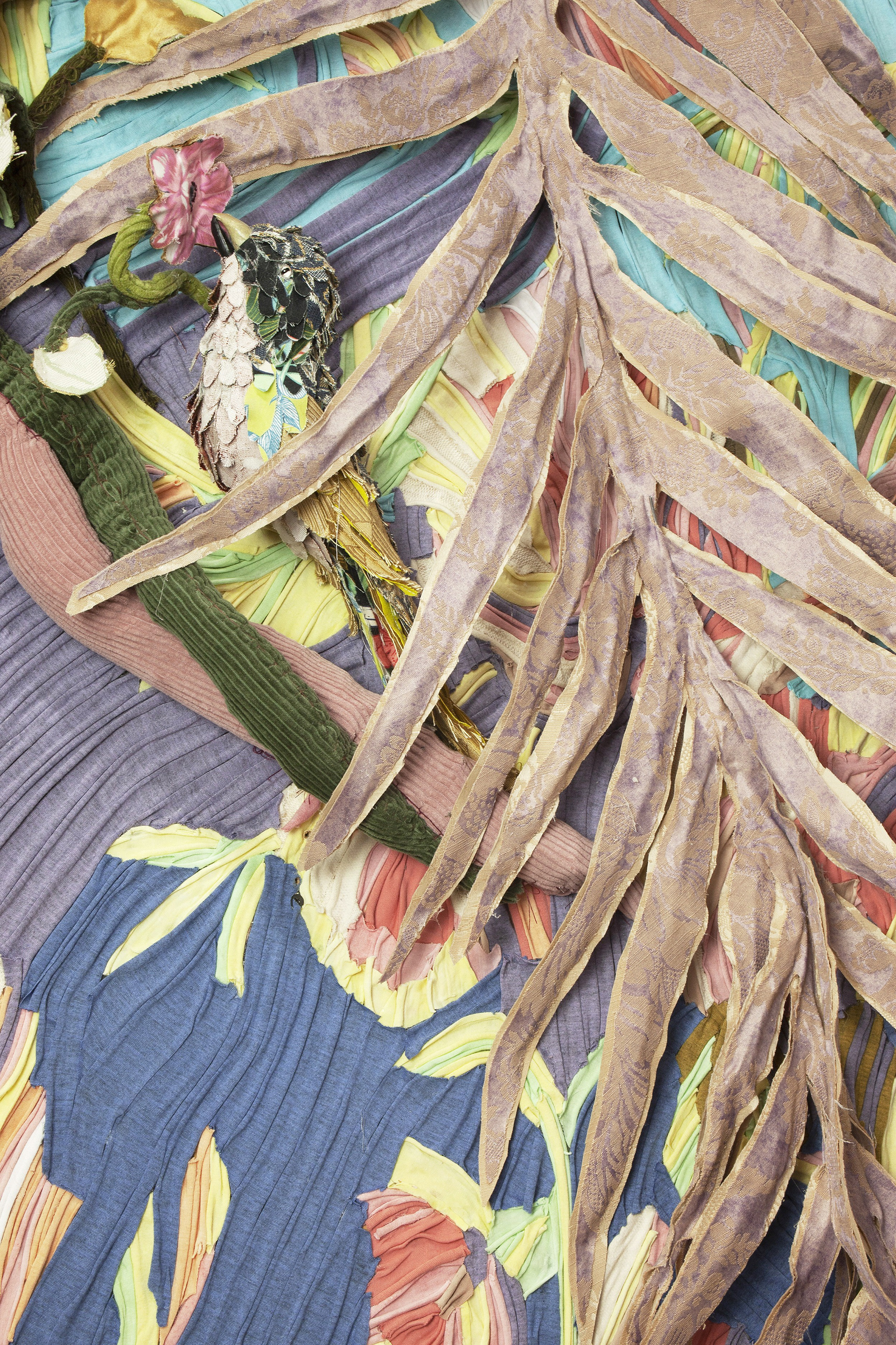 "Textile Jungle" 2022 (Detail) | Discarded Textiles on Wood | 96 x 56 x 6 in.