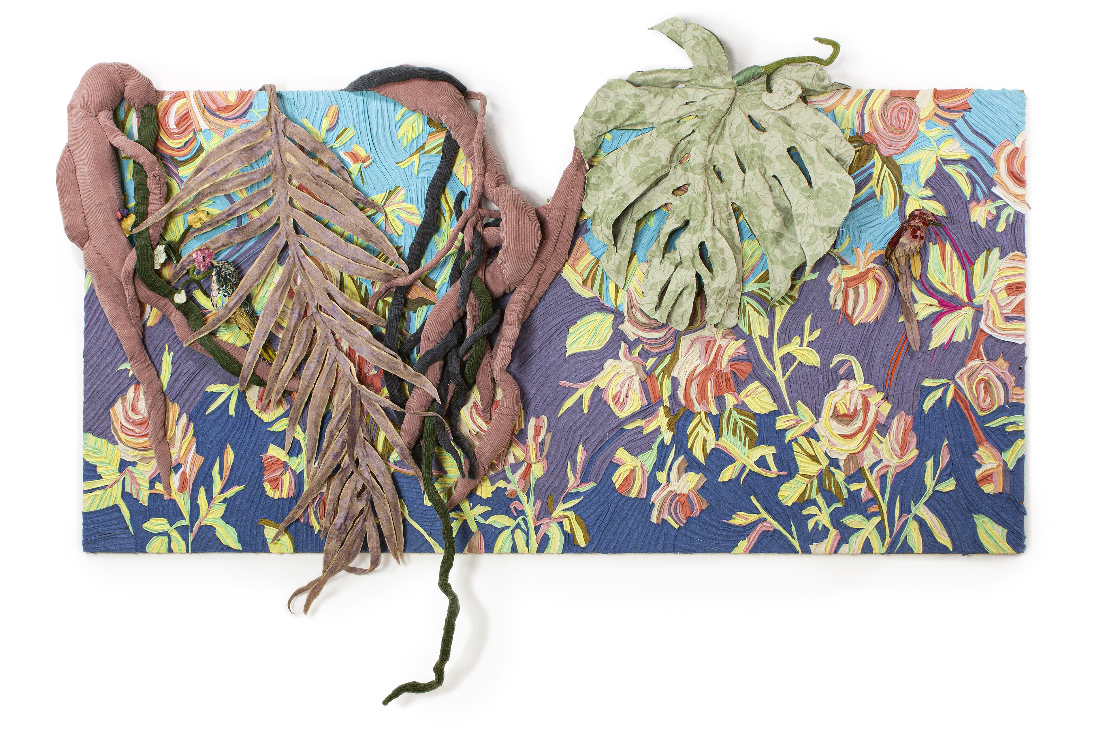 "Textile Jungle" 2022 | Discarded Textiles on Wood | 96 x 56 x 6 in.