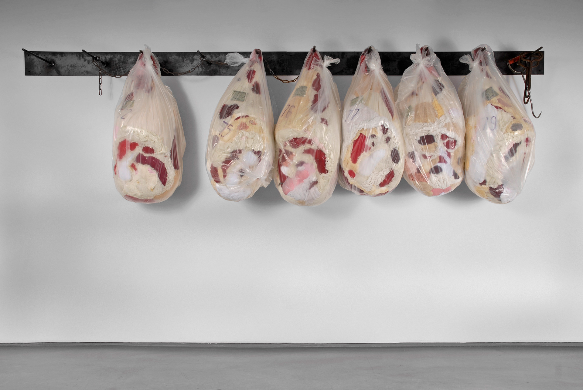 "One and a Half" 2008 | Discarded Clothing, Plastic Bags, Metal Hooks | 122 x 36 x 22 in.