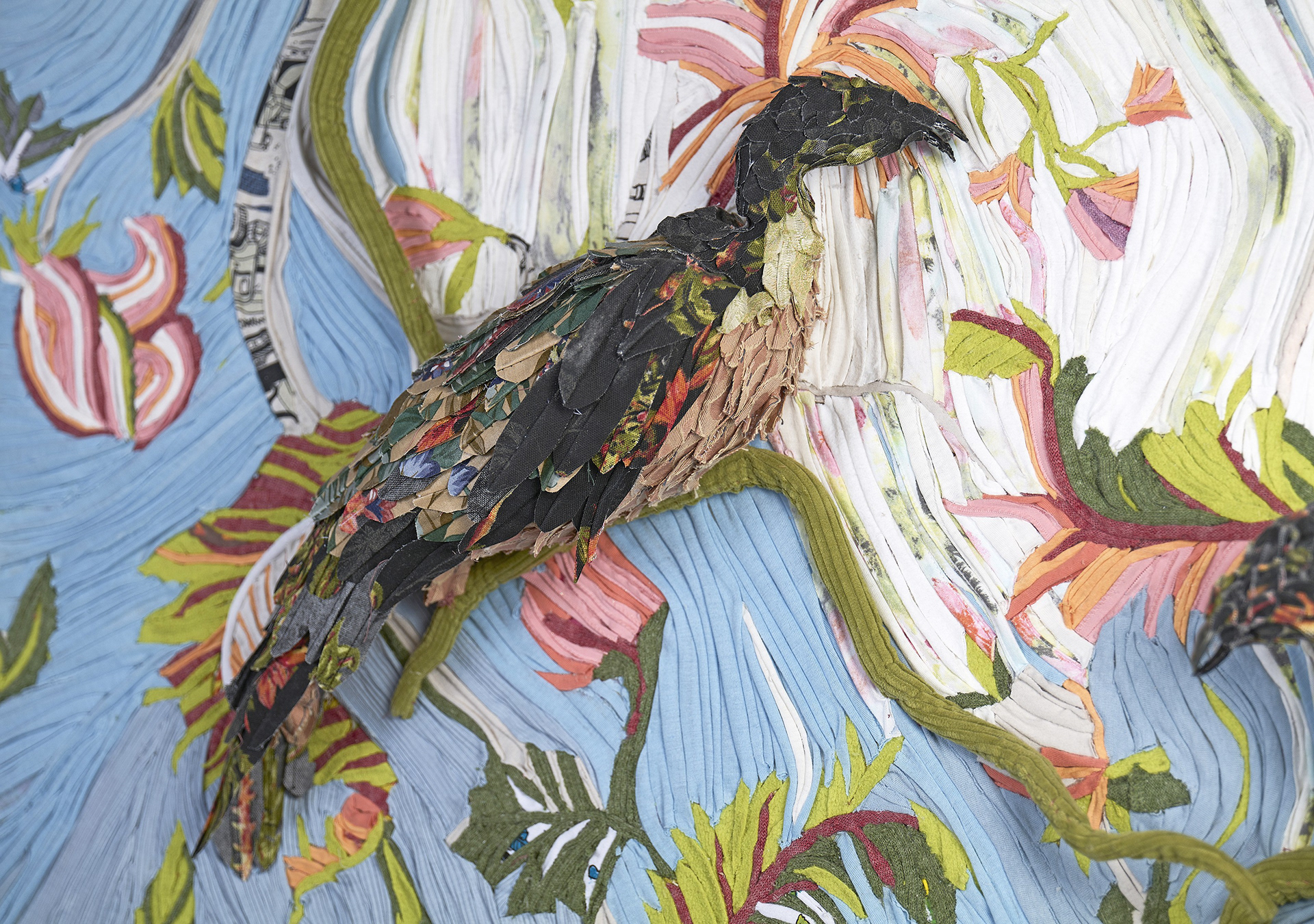 "Foul Decorations" 2020 (Detail of Central Panel) | Discarded Clothing, Wood, Acrylic Nails | 48 x 48 x 9 in.