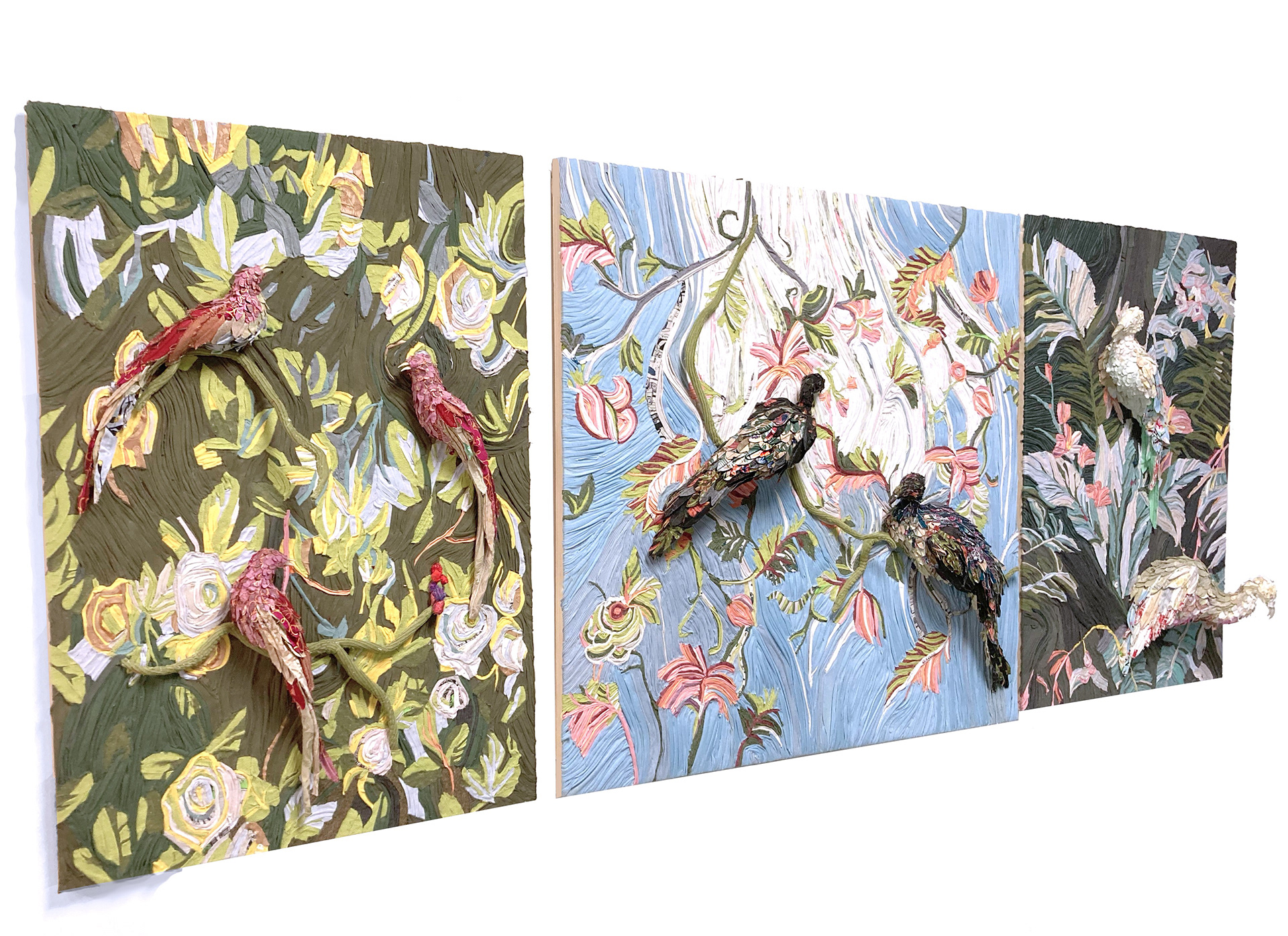 "Foul Decorations" 2020 (Side View) | Discarded Clothing, Wood, Acrylic Nails | 48 x 120 x 12 in.