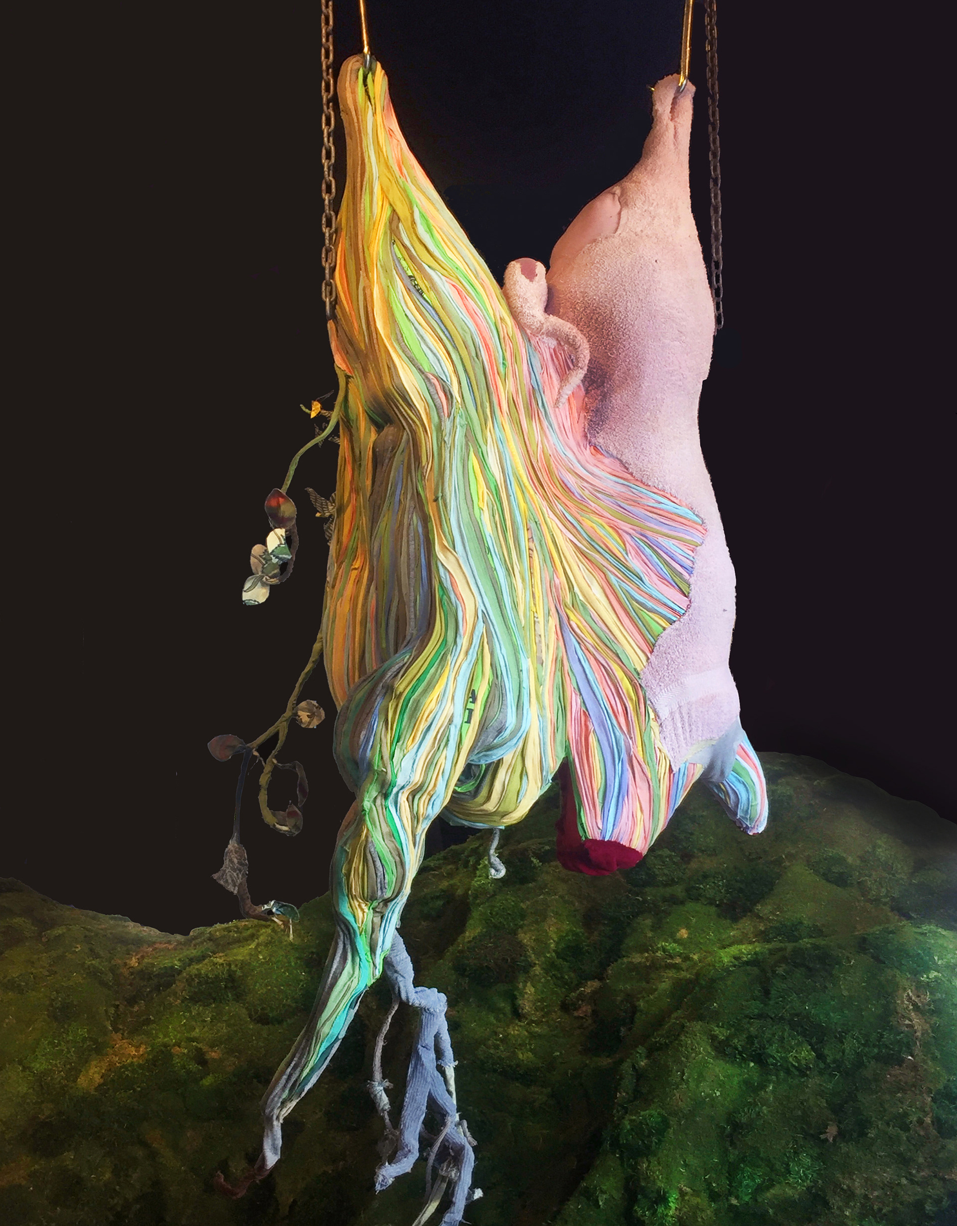 "Alchemy" 2019 (Installation view, Istituto Marangoni, Miami FL) | Discarded clothing, moss, meat hooks