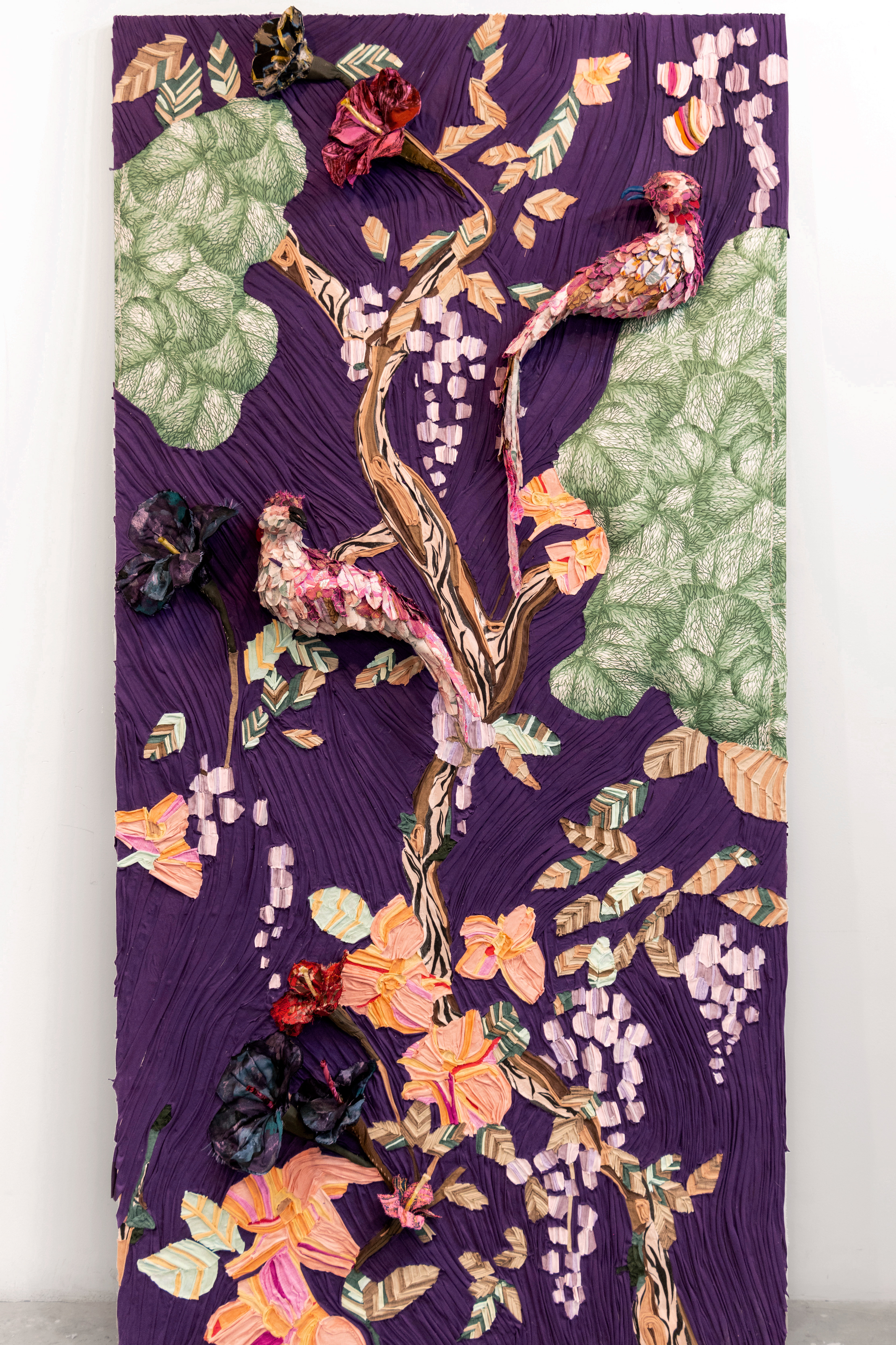 "No Shadows in the Sky, Twilight" 2024 | Discarded textiles on wood 4 x 8 ft.