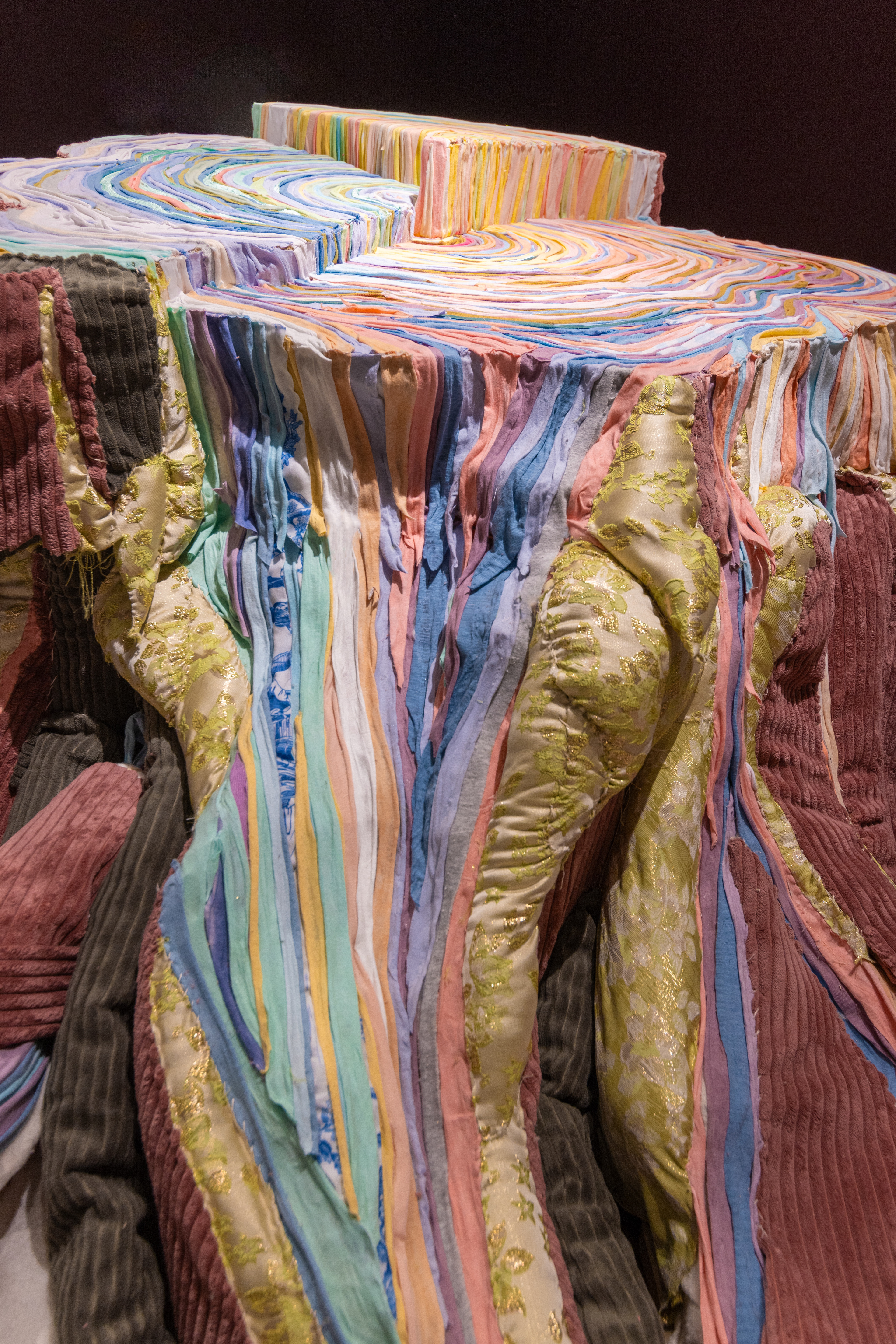"Narcissus" 2025 (Detail) | Discarded textiles, wood | 20 x 16 x 3.5 ft.
