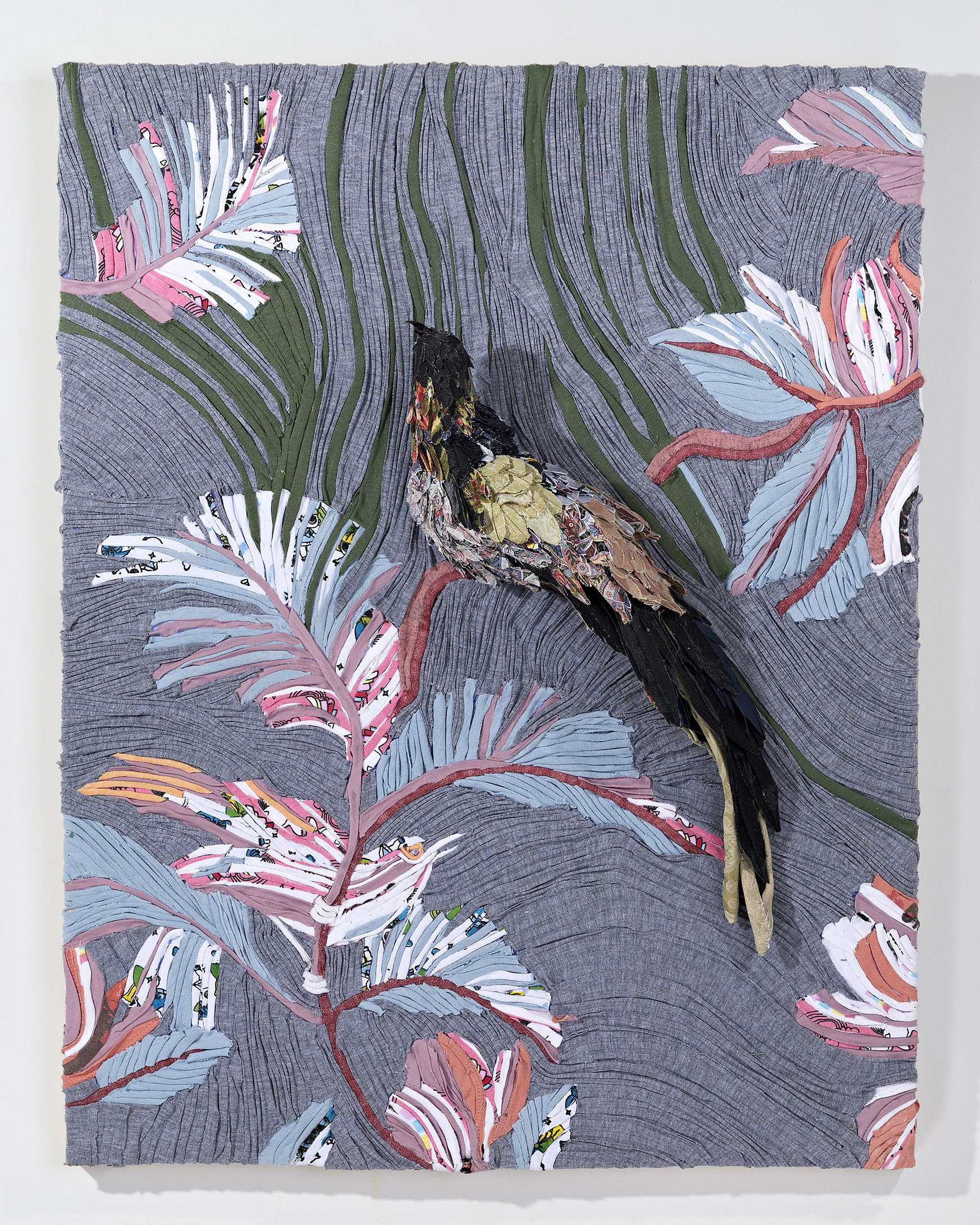 "A Bird in a Bush" 2020 | Discarded Clothing, Wood, Acrylic Nails | 24 x 31 x 10 in.