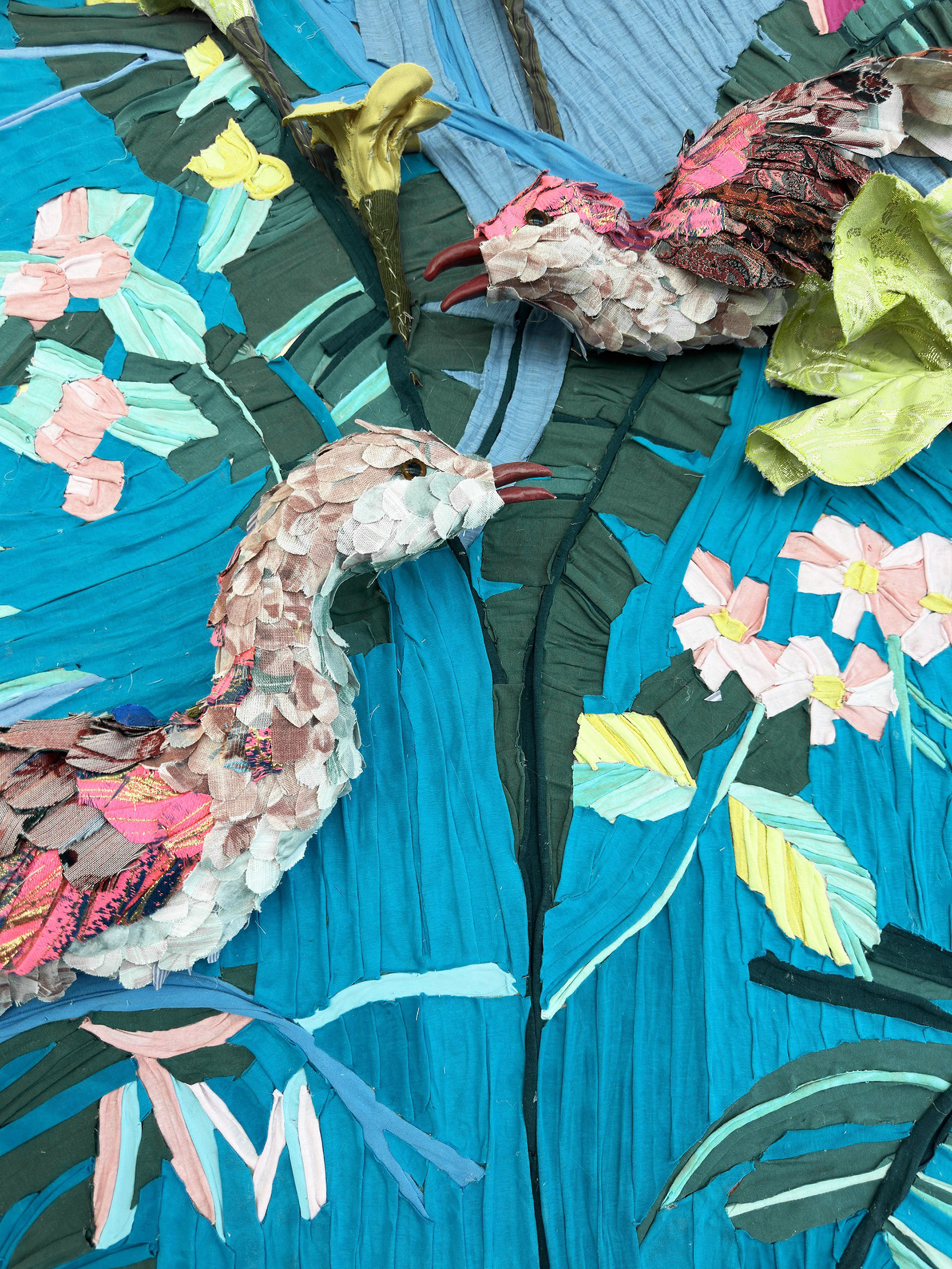 "The Conference of the Birds" 2025 (Detail of Left Panel) | Discarded textiles on wood | 180 x 92 x 10 in.