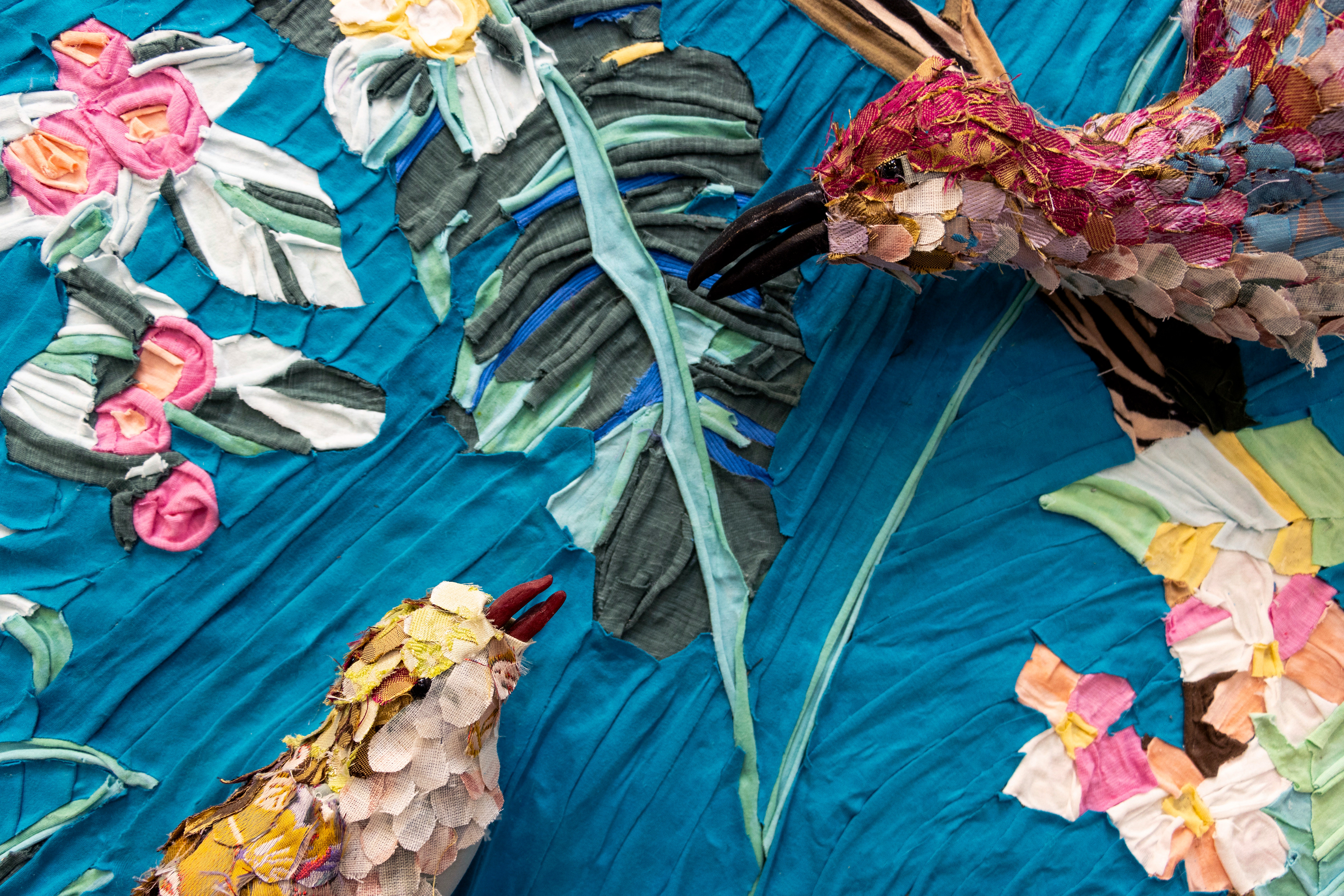 "No Shadows in the Sky, Afternoon" 2024 (Detail) | Discarded textiles on wood 4 x 8 ft.