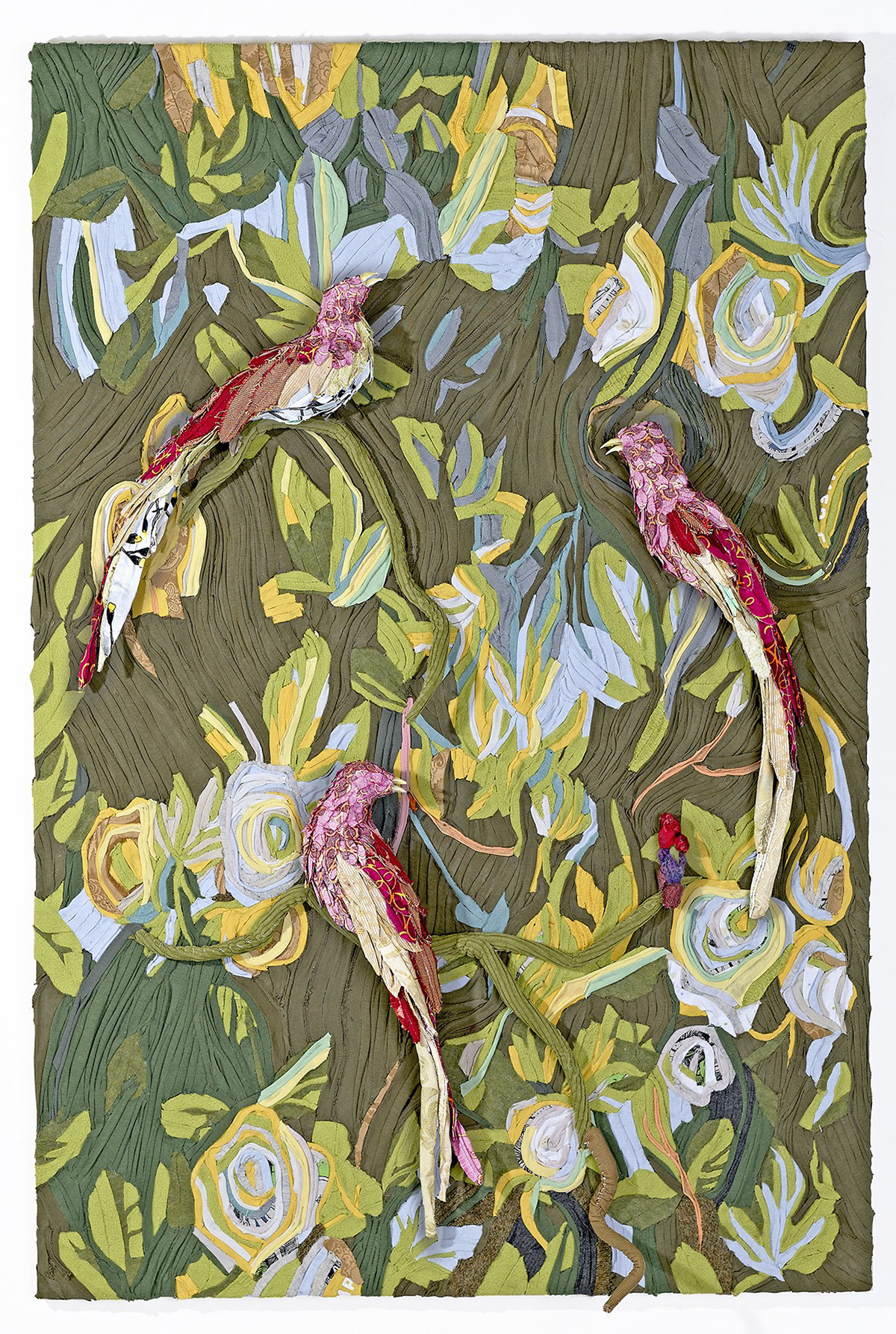 "Foul Decorations" 2020 (Left Panel) | Discarded Clothing, Wood, Acrylic Nails | 48 x 32 x 12 in.